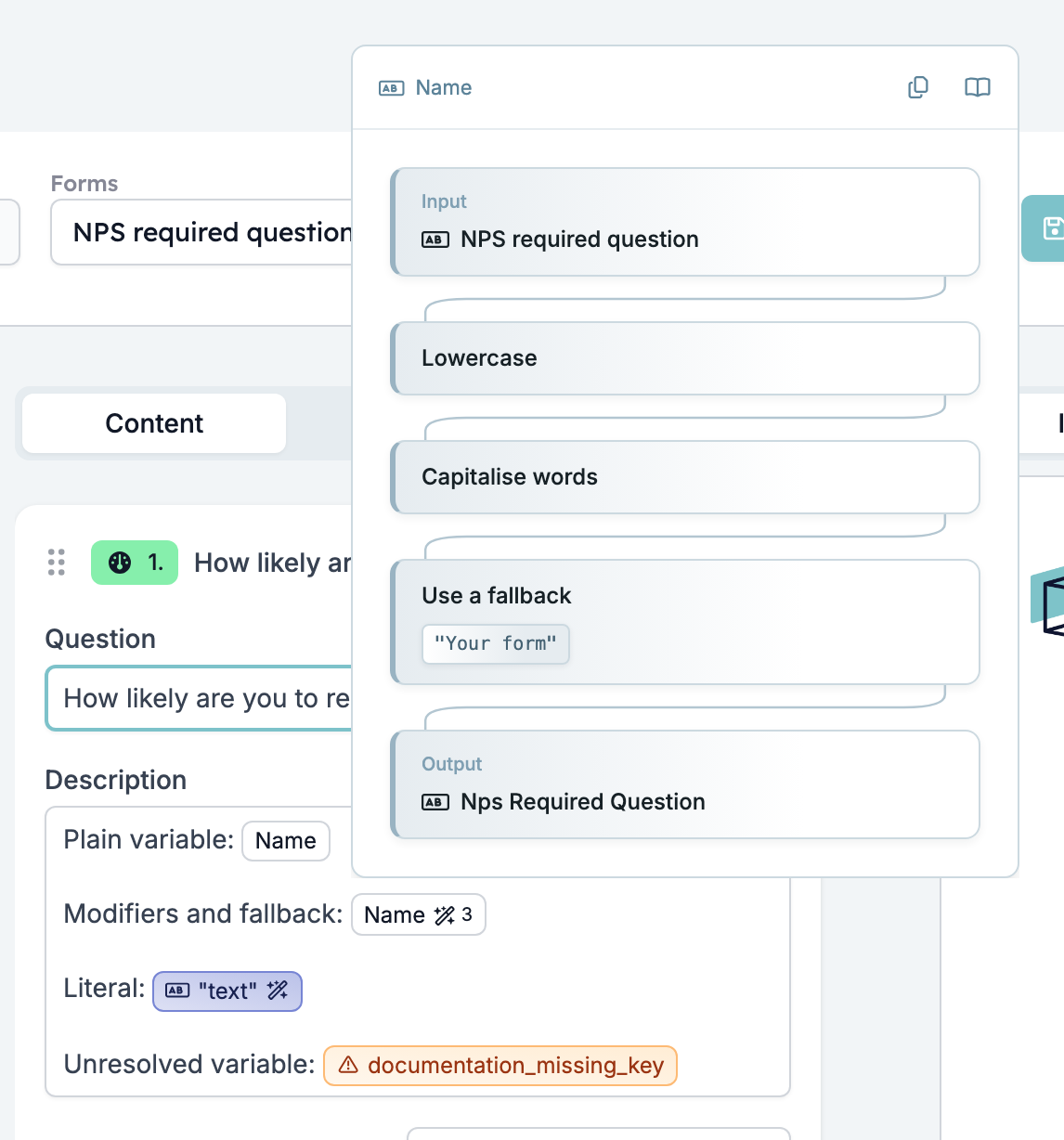 Das Description-Feld einer Formularfrage mit vier Badges und einem darüber geöffneten Popover mit der Überschrift Name und Karten mit Input NPS required question, Lowercase, Capitalise words, Use a fallback Your form und Output Nps Required Question