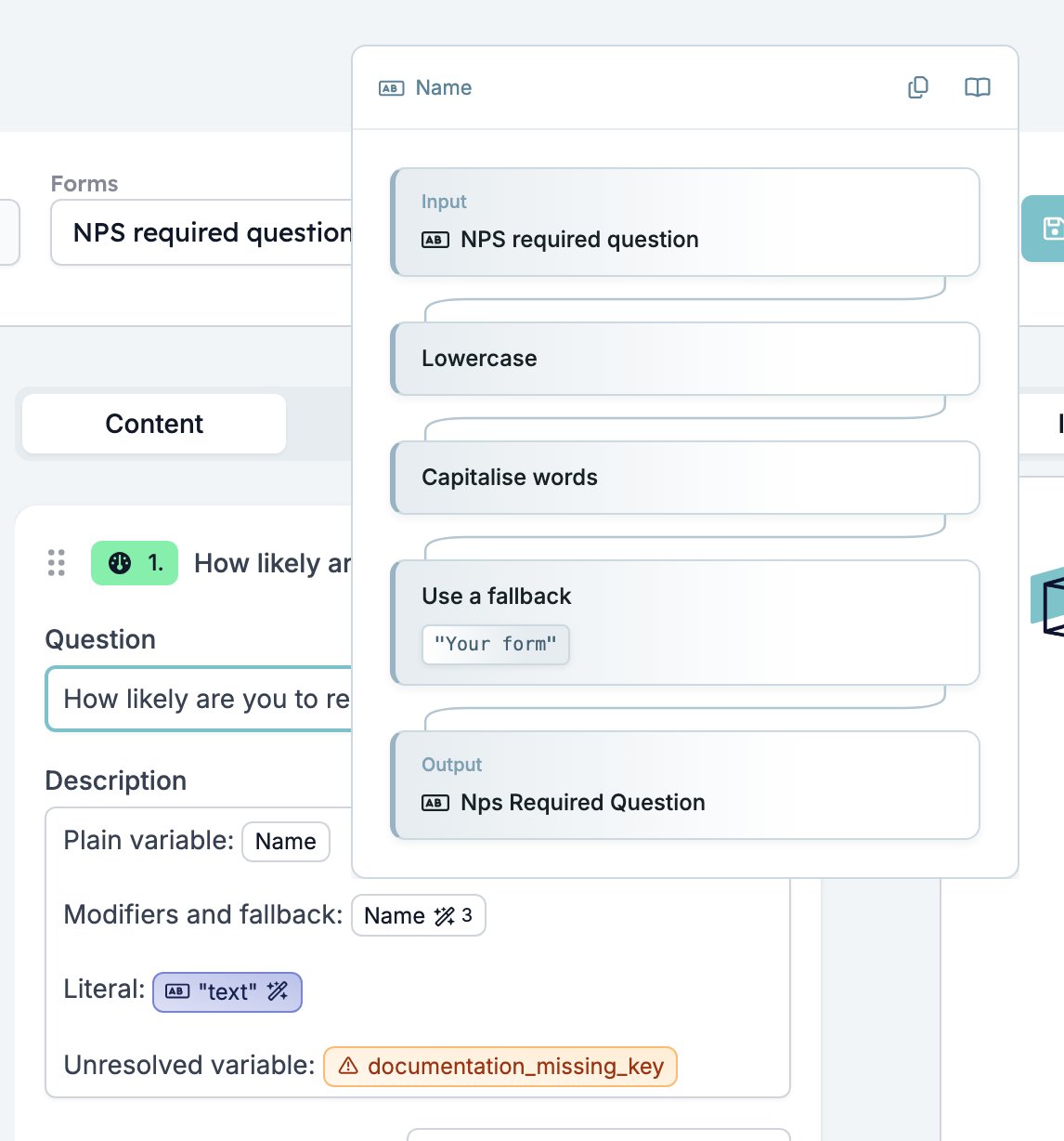 Das Description-Feld einer Formularfrage mit vier Badges und einem darüber geöffneten Popover mit der Überschrift Name und Karten mit Input NPS required question, Lowercase, Capitalise words, Use a fallback Your form und Output Nps Required Question