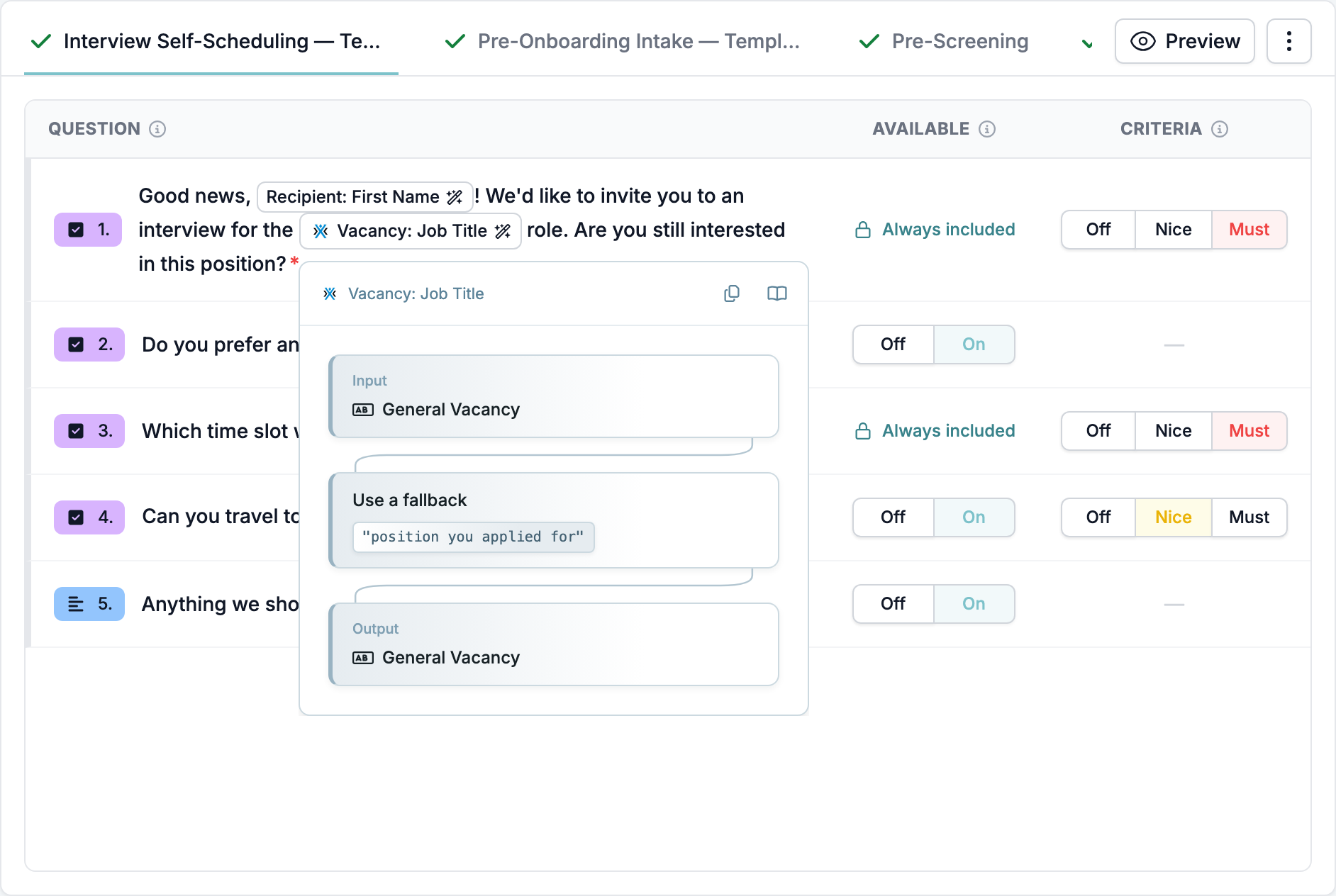 Der Forms-Tab eines Vakanz-Datensatzes mit einem geöffneten Popover unter dem Badge Vacancy: Job Title, mit Input General Vacancy, Use a fallback position you applied for und Output General Vacancy