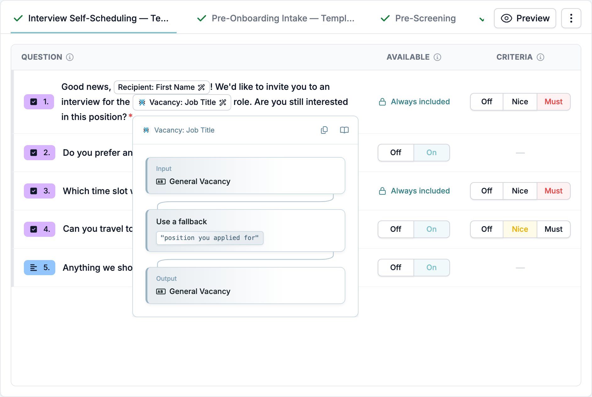 Der Forms-Tab eines Vakanz-Datensatzes mit einem geöffneten Popover unter dem Badge Vacancy: Job Title, mit Input General Vacancy, Use a fallback position you applied for und Output General Vacancy