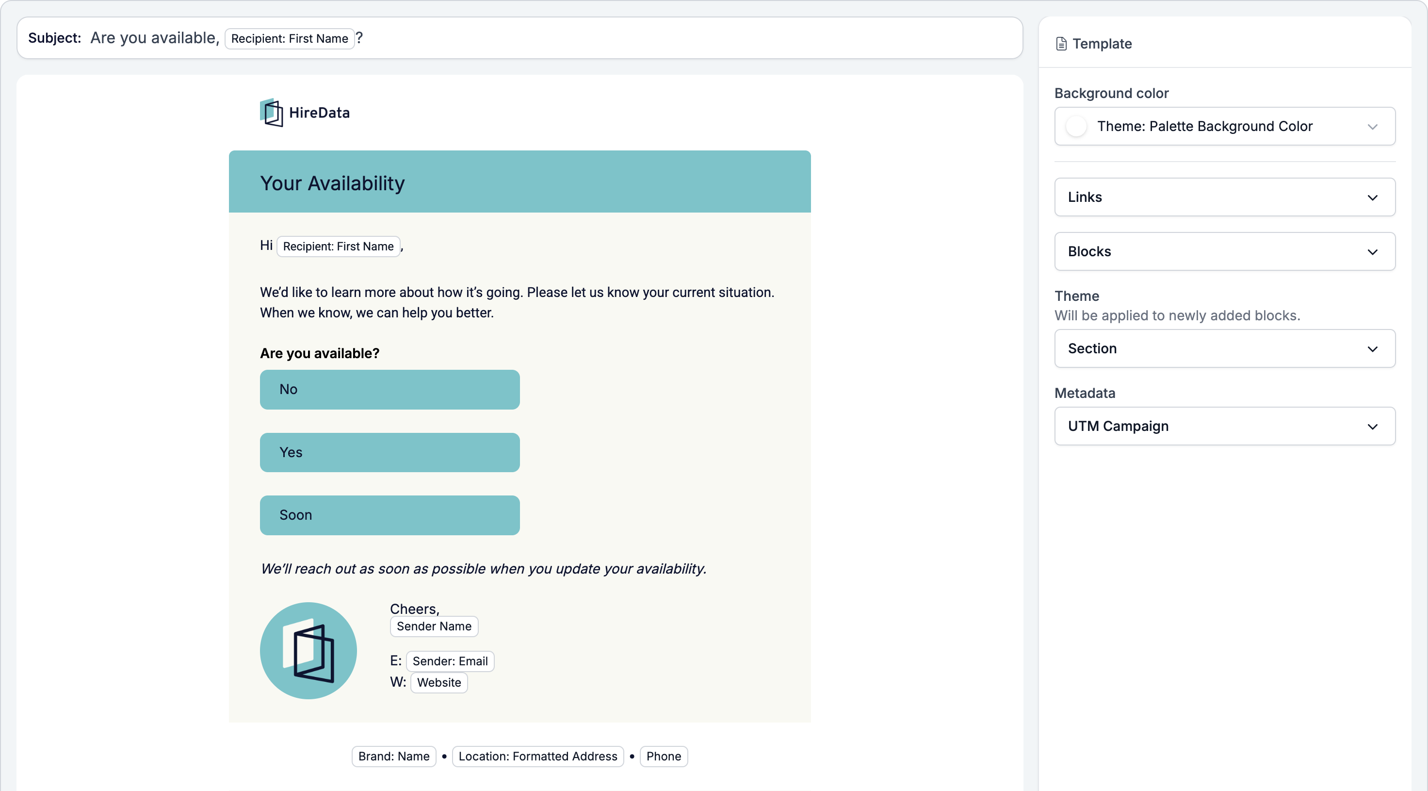 The email builder: the Subject box across the top, the email on the left, and the Template settings panel on the right