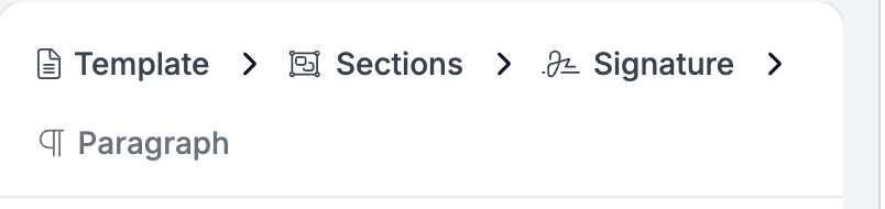 The settings panel breadcrumb reading Template, then Sections, then Signature, then Paragraph, with Paragraph greyed out as the current level