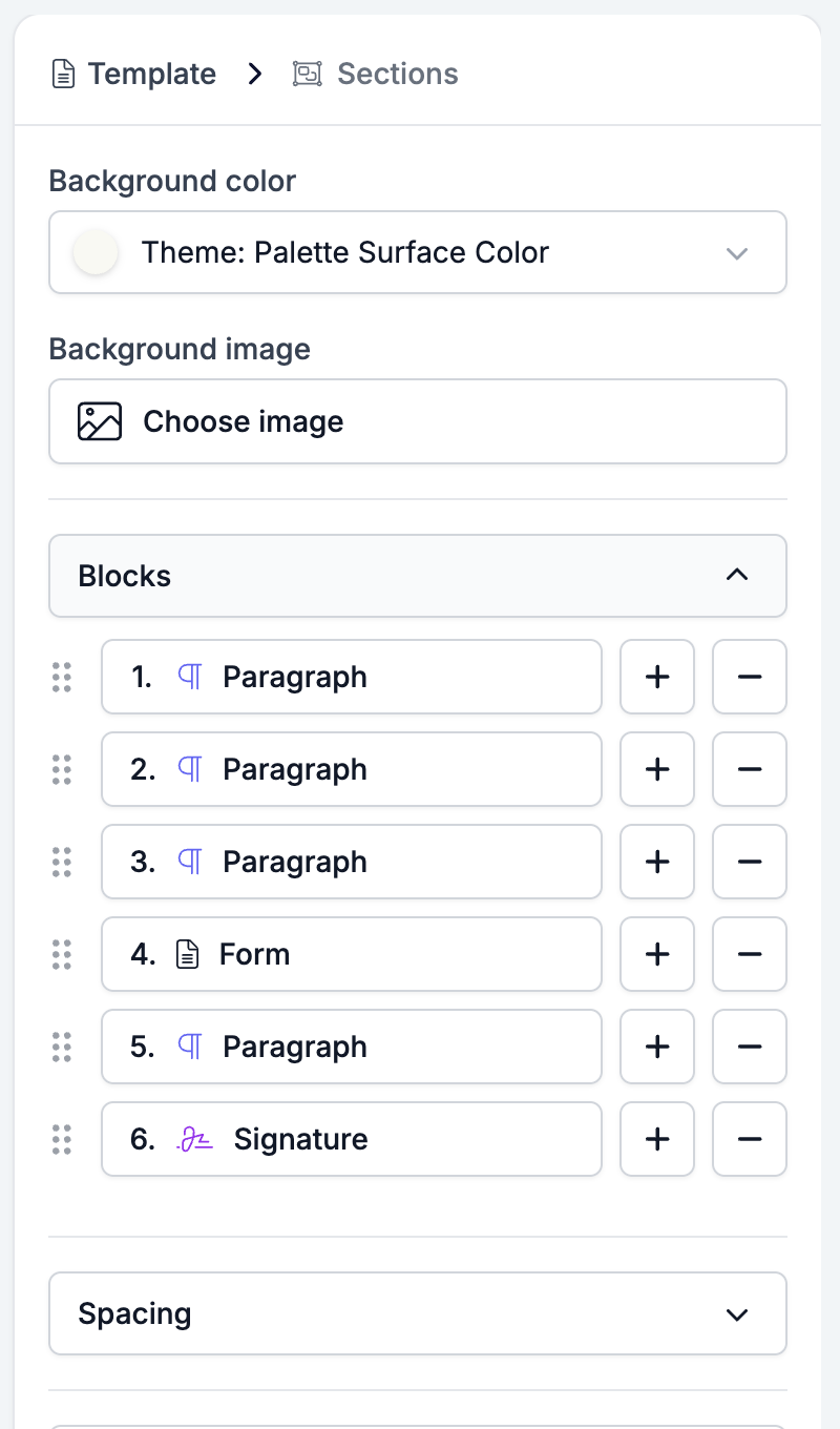 The settings panel for a section, showing its Blocks list with a numbered row per block and the add, delete, and drag controls