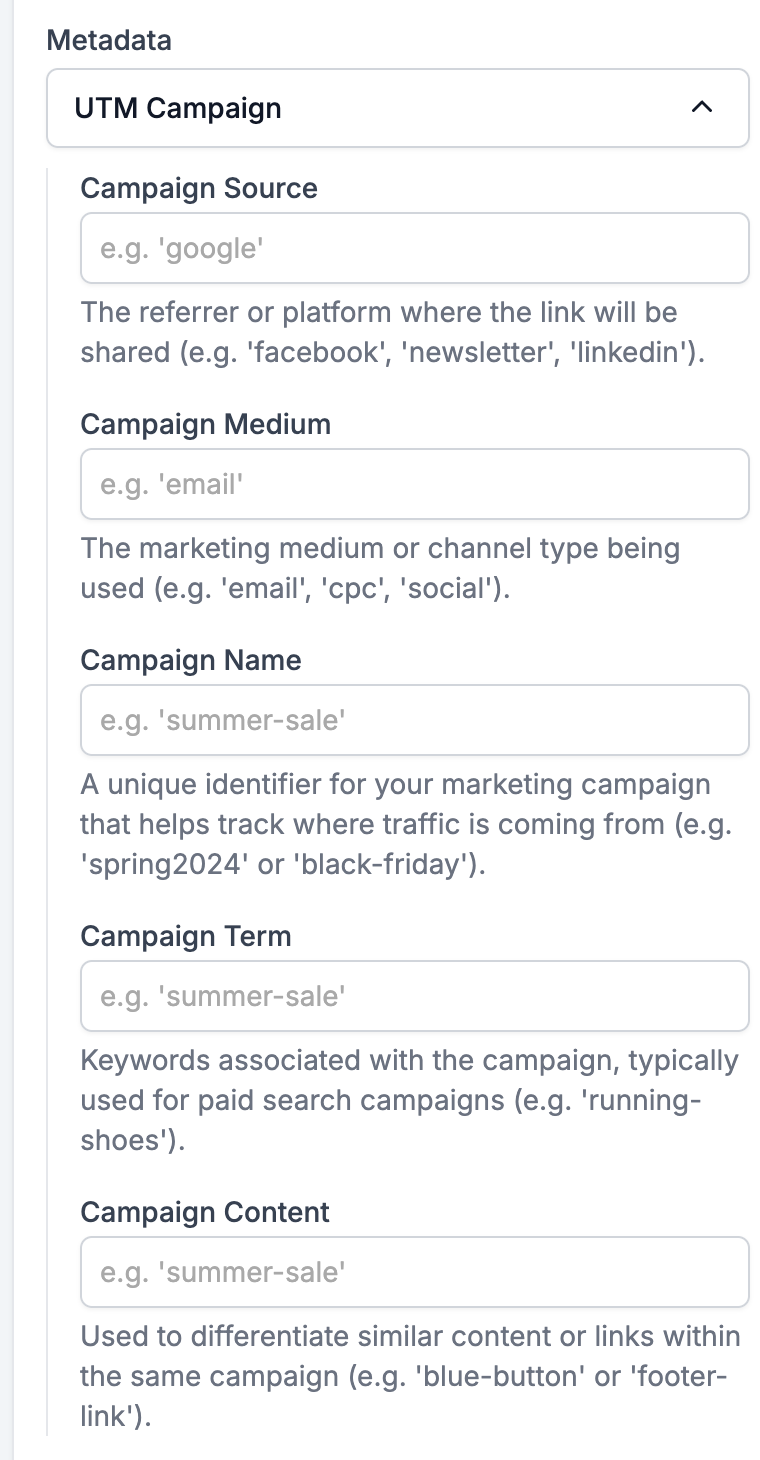 The UTM Campaign group expanded to Campaign Source, Campaign Medium, Campaign Name, Campaign Term, and Campaign Content, each with an example and a description