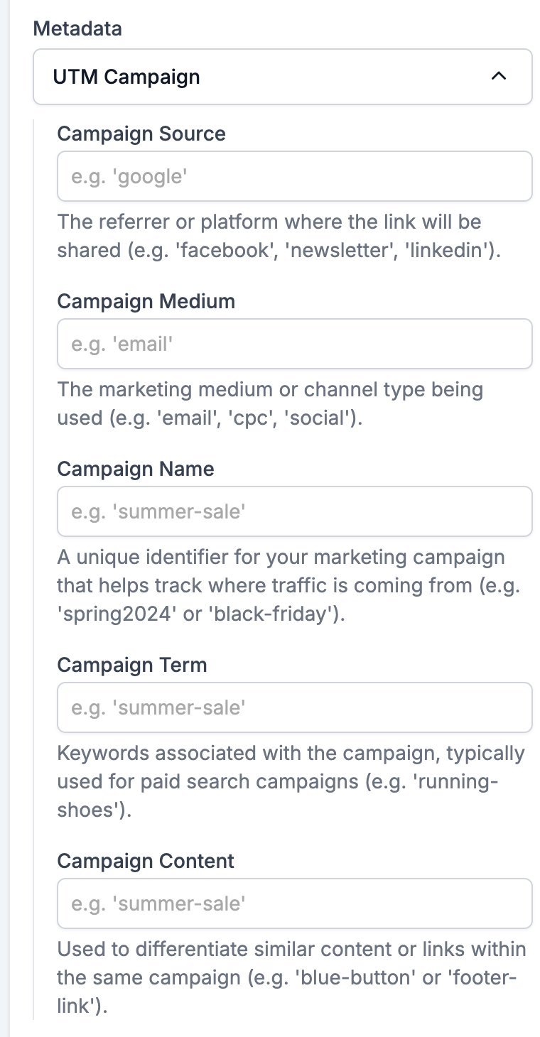 The UTM Campaign group expanded to Campaign Source, Campaign Medium, Campaign Name, Campaign Term, and Campaign Content, each with an example and a description