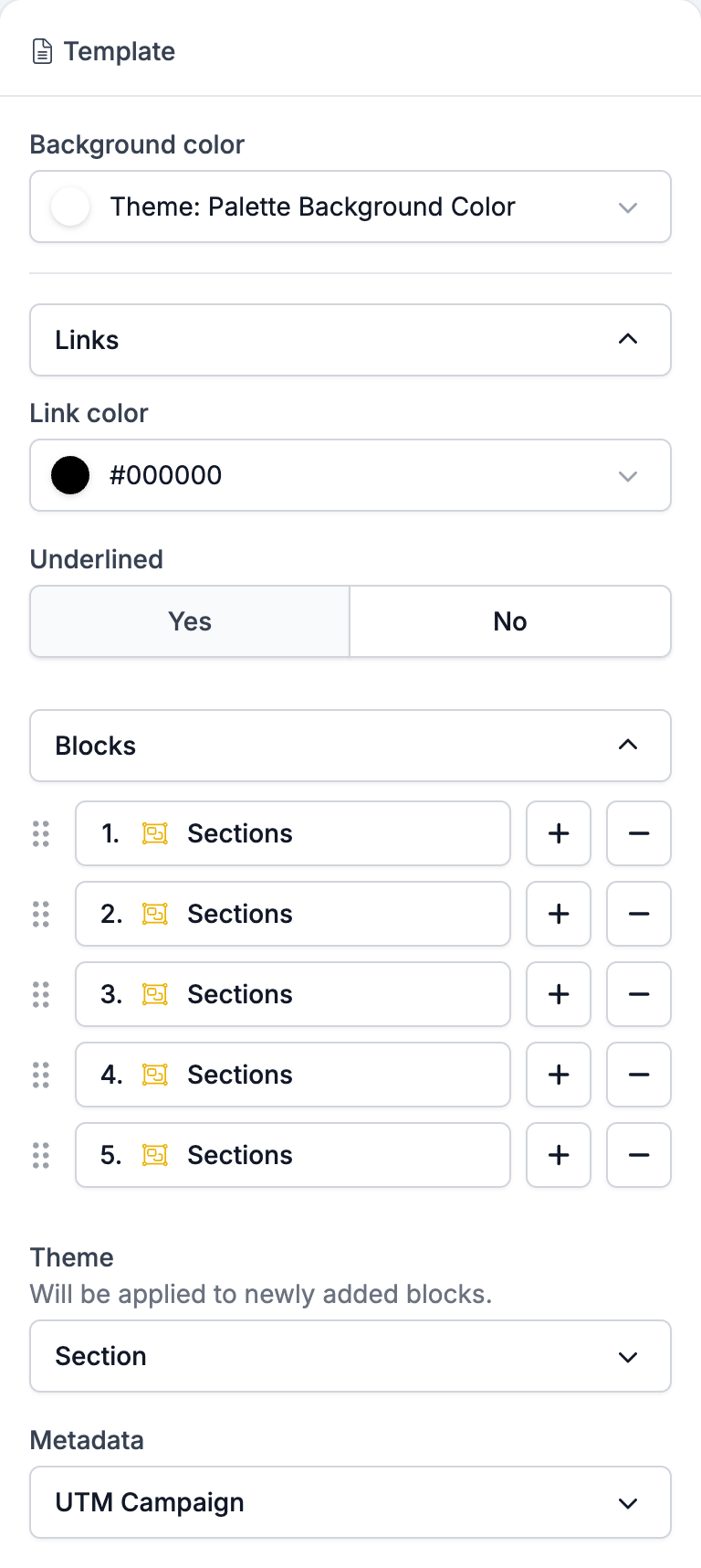 The Template settings panel with Background color, the Links group expanded to Link color and Underlined, the Blocks list of five sections, Theme, and Metadata