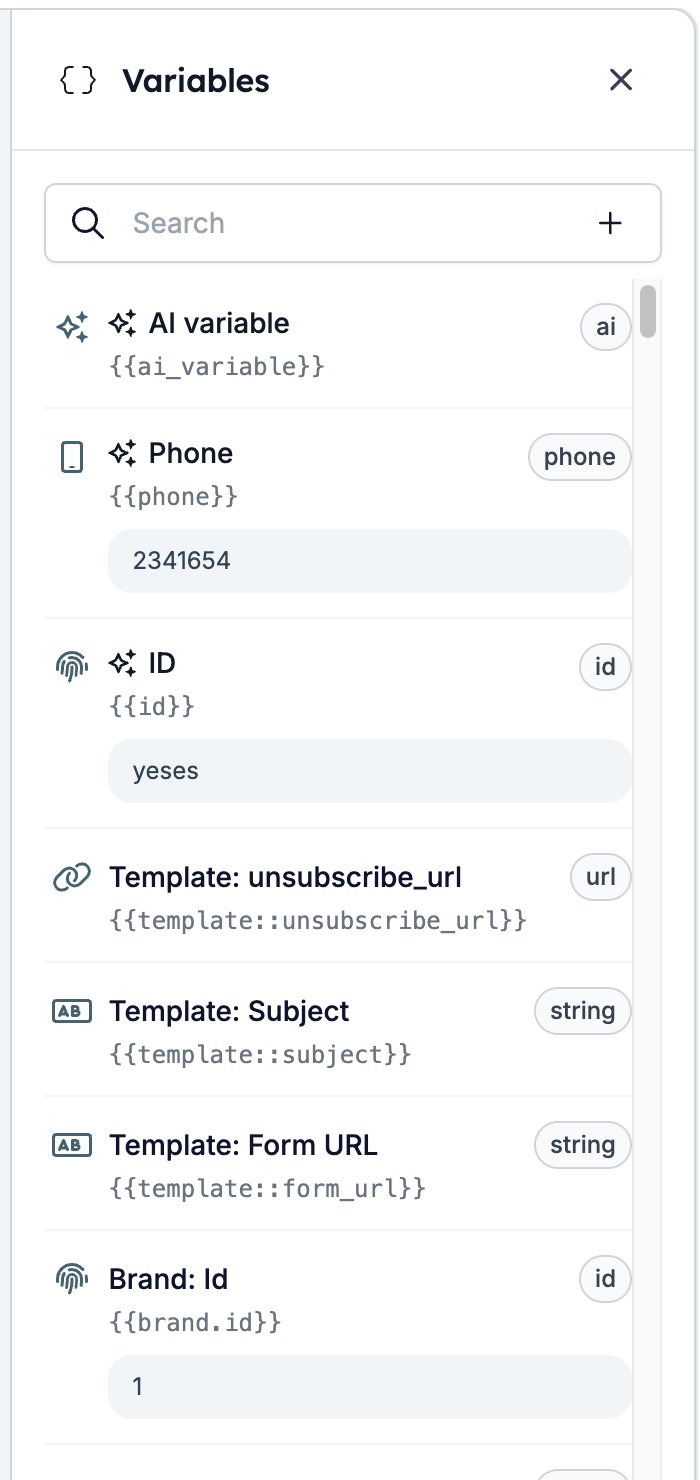 The Variables drawer with a search box and a plus button, listing three sparkle-marked variables of the template's own above Template unsubscribe_url, Template Subject, Template Form URL, and Brand Id, each with its key, its type, and its value