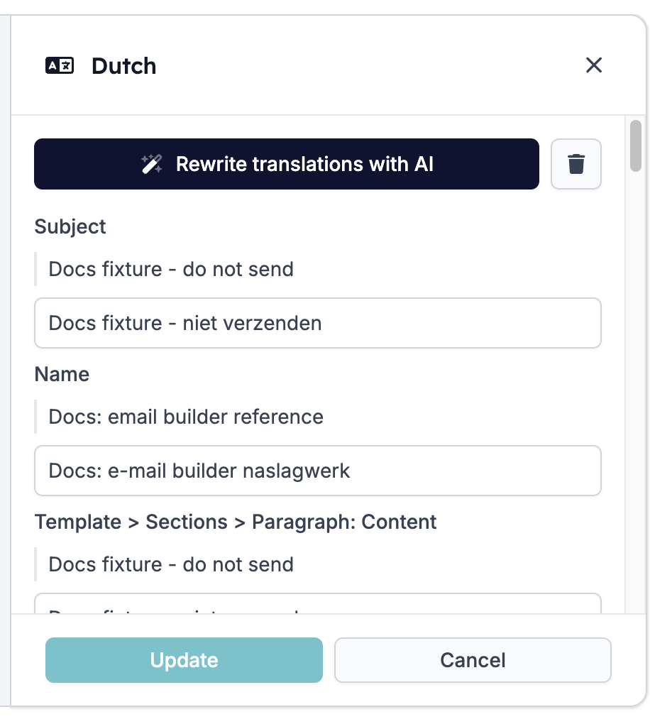 A Dutch translation open in the drawer, with Rewrite translations with AI and a delete button at the top, rows for Subject and Name showing the English original above the Dutch translation, and Update and Cancel at the bottom