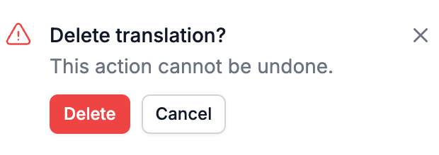 A confirmation reading Delete translation, This action cannot be undone, with Delete and Cancel buttons