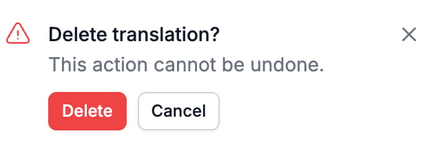 A confirmation reading Delete translation, This action cannot be undone, with Delete and Cancel buttons