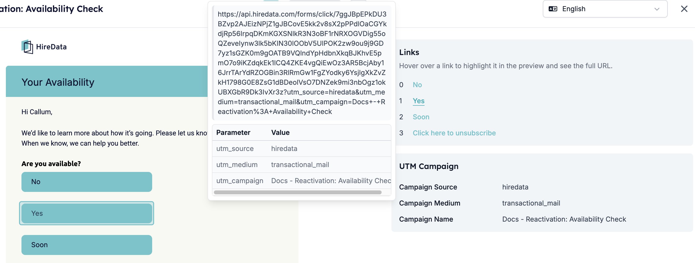 The Links panel with four rows, the hovered row's button outlined in the preview beside it, a popover showing the full URL and its utm_source, utm_medium, and utm_campaign values, and a UTM Campaign card below the list