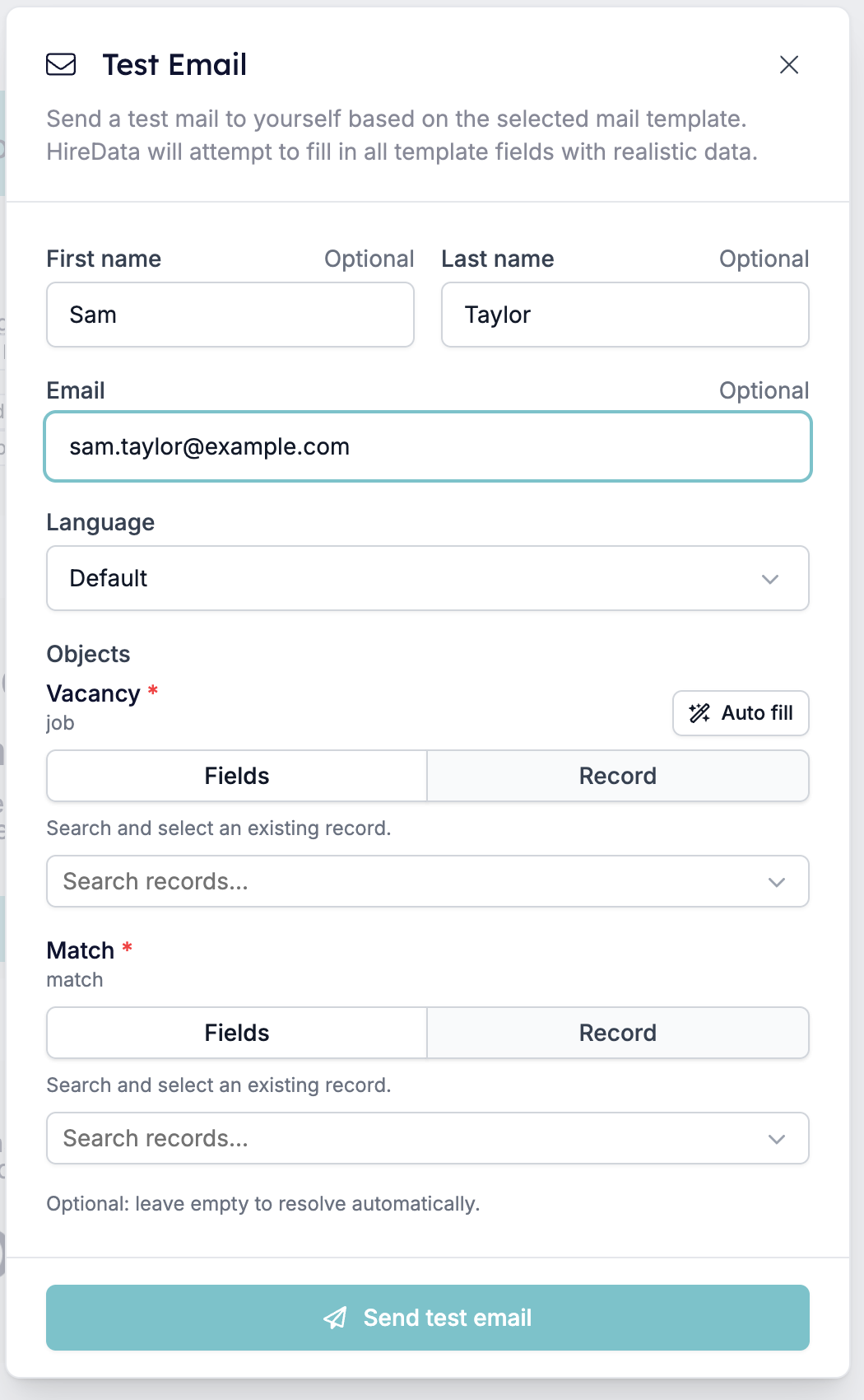 The Test Email modal with optional First name, Last name and Email boxes, a Language selector, an Objects group holding Vacancy and Match record pickers, and a Send test email button