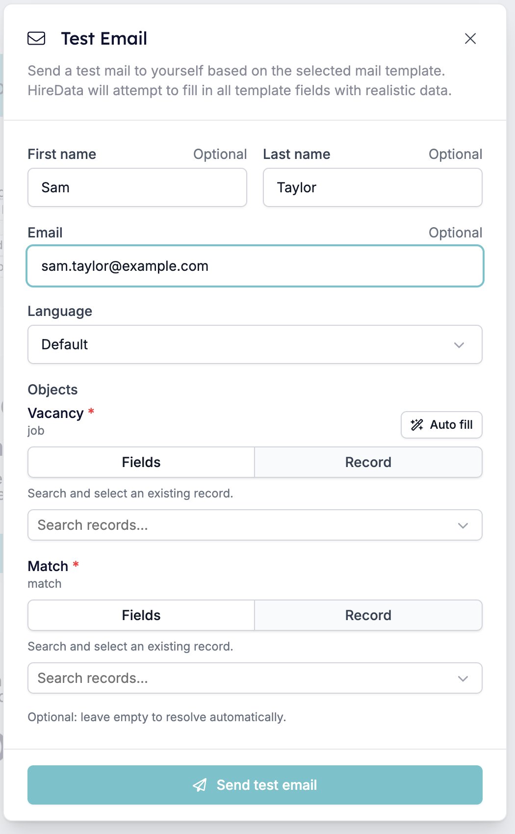 The Test Email modal with optional First name, Last name and Email boxes, a Language selector, an Objects group holding Vacancy and Match record pickers, and a Send test email button