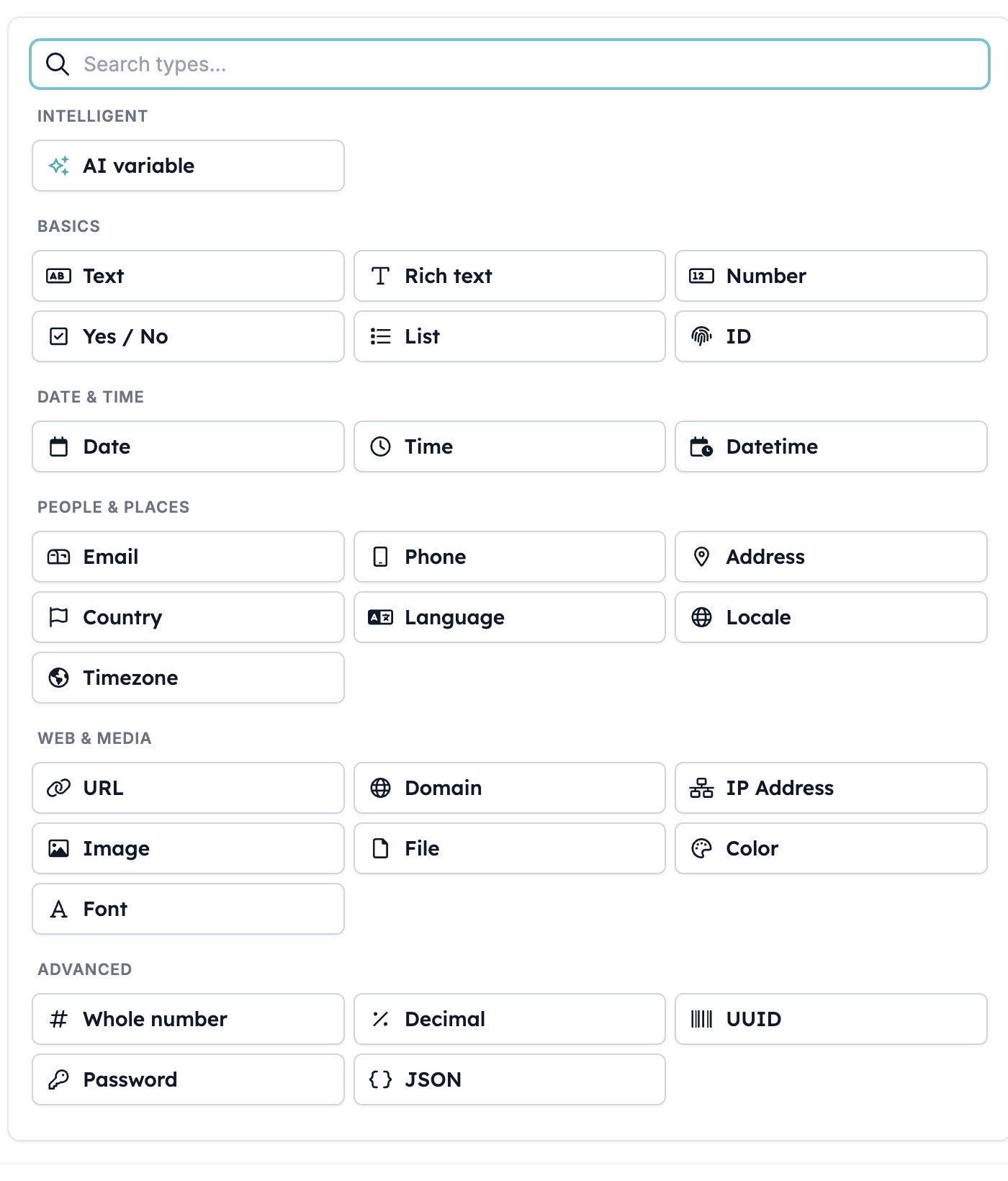 The type picker in the Variables dialog, with a Search types box above groups headed Intelligent, Basics, Date and time, People and places, Web and media, and Advanced