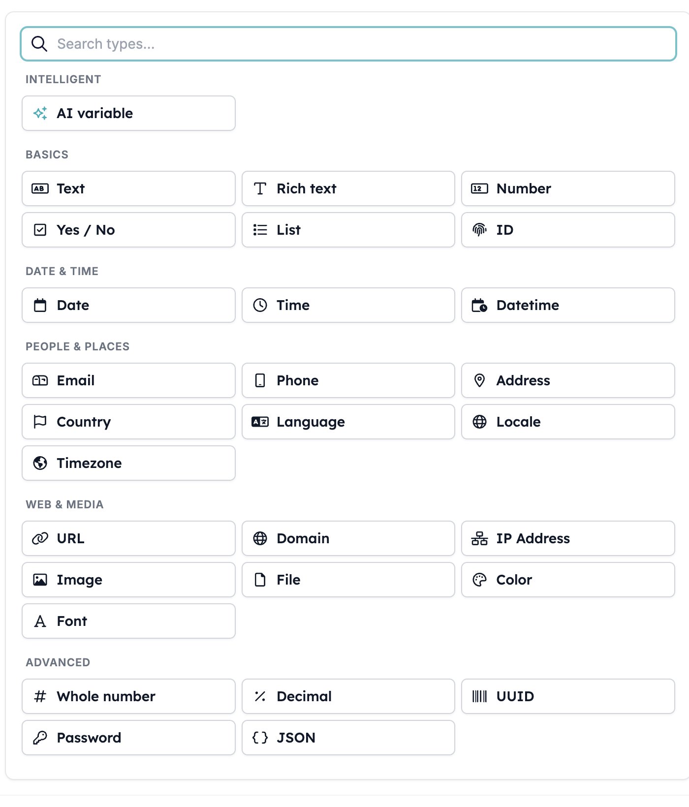 The type picker in the Variables dialog, with a Search types box above groups headed Intelligent, Basics, Date and time, People and places, Web and media, and Advanced