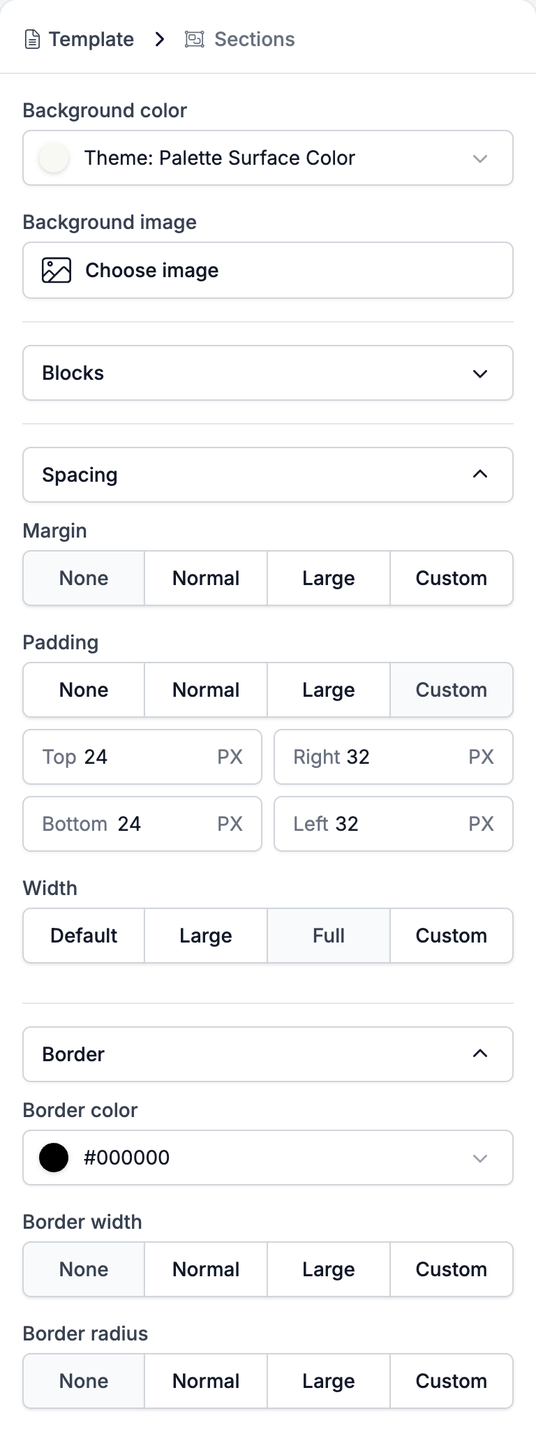 The Section settings panel showing Background color, Background image, the Blocks list, the Spacing group with Margin, Padding, and Width, and the Border group