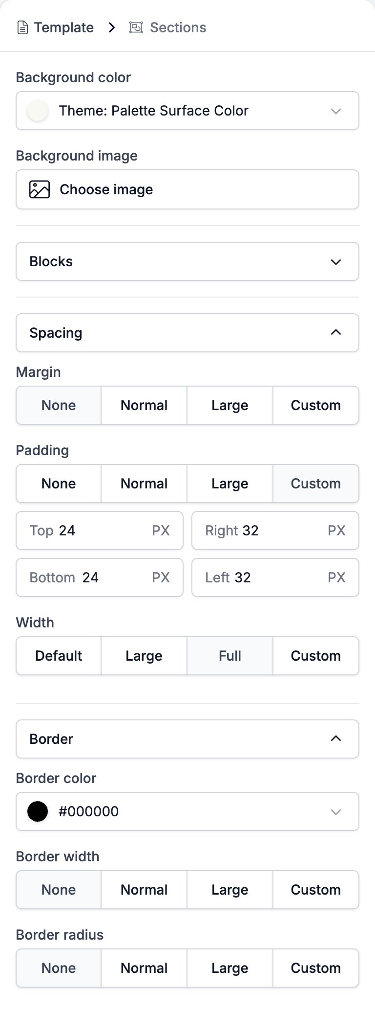 The Section settings panel showing Background color, Background image, the Blocks list, the Spacing group with Margin, Padding, and Width, and the Border group