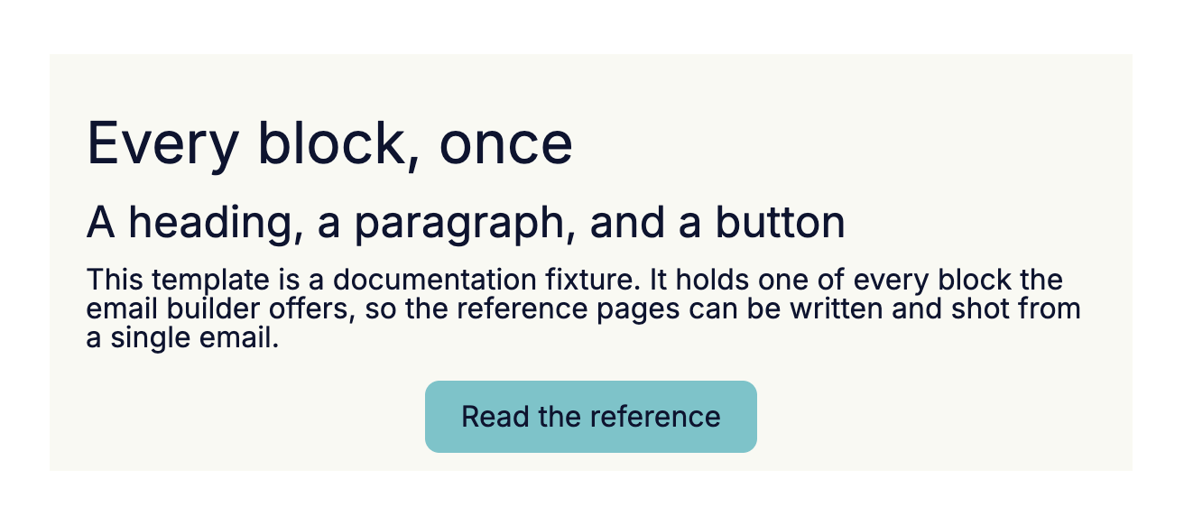 One section in a rendered email: a band of cream background holding a heading, a second heading, a paragraph, and a centred button, with the white page showing above and below it