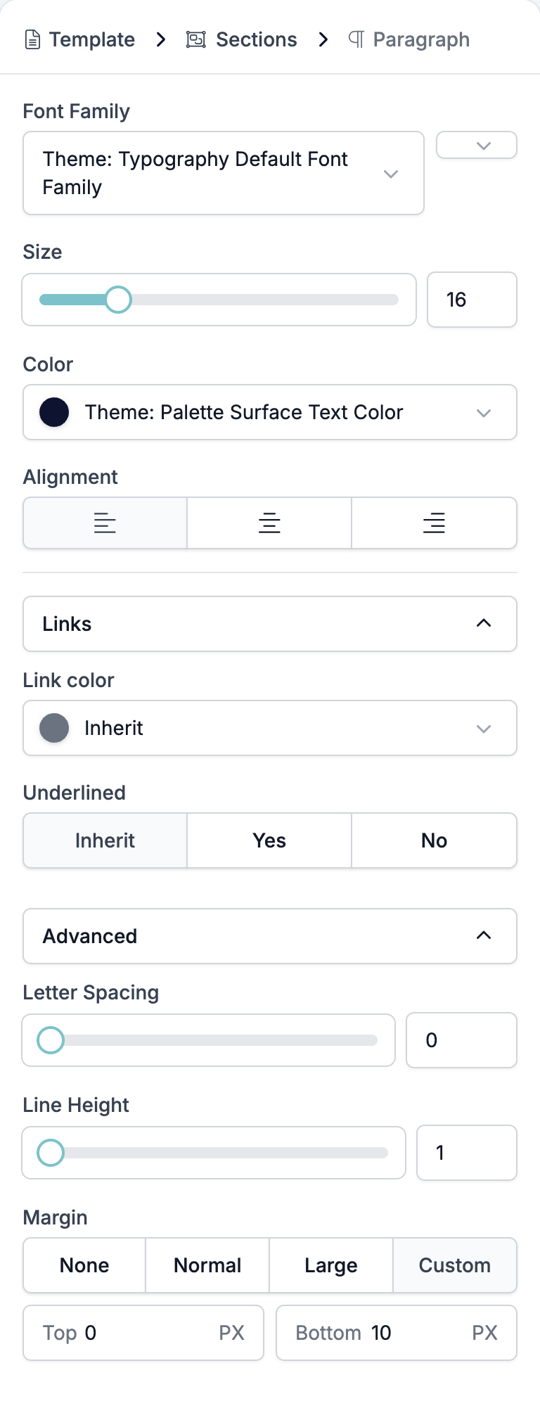 The Paragraph settings panel showing Font Family, Size, Color, Alignment, the Links group with Inherit selected, and the Advanced group with Letter Spacing, Line Height, and Margin