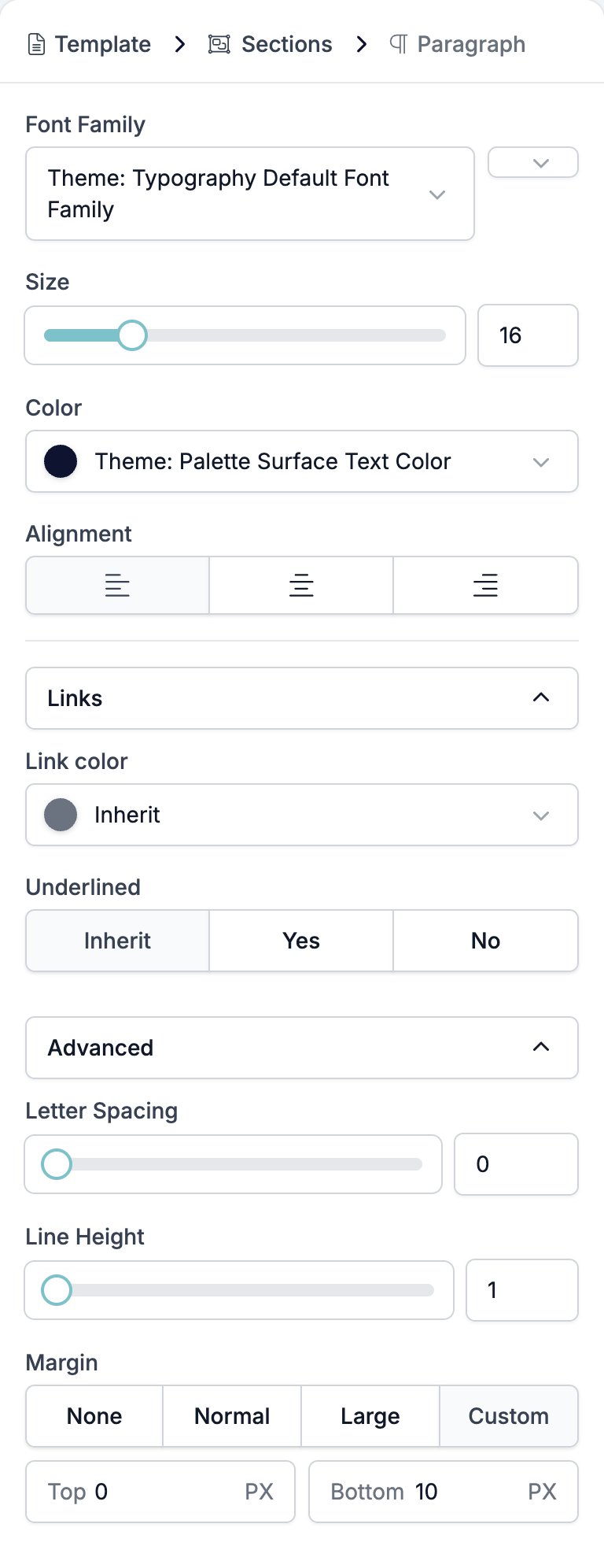 The Paragraph settings panel showing Font Family, Size, Color, Alignment, the Links group with Inherit selected, and the Advanced group with Letter Spacing, Line Height, and Margin