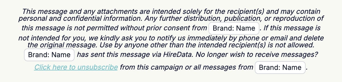 A rendered paragraph wrapping across the width of its section, with an unsubscribe link in the brand colour and underlined, and three variable chips in the text
