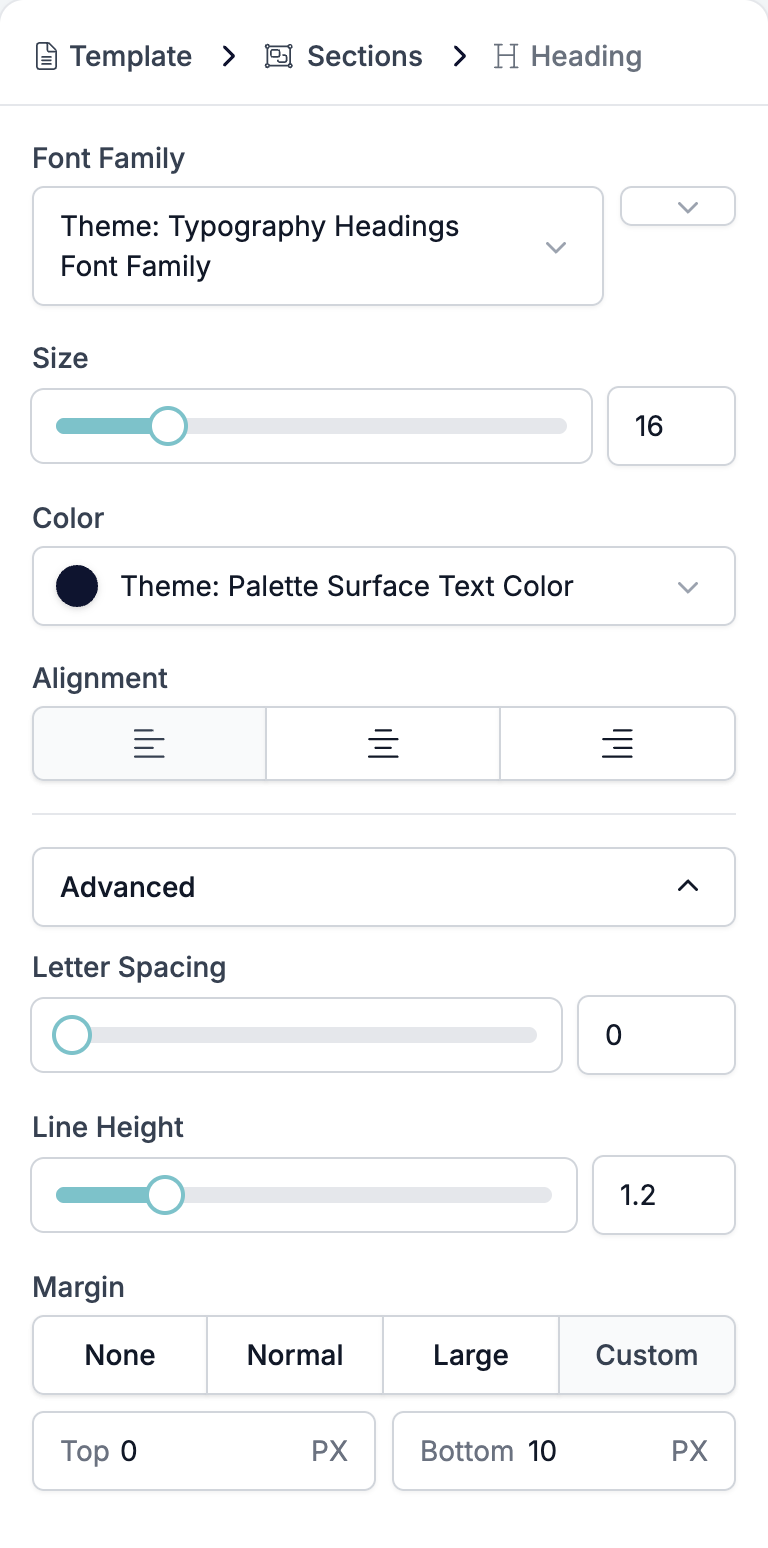 The Heading settings panel showing Font Family on the brand heading font, Size, Color, Alignment, and the Advanced group with Letter Spacing, Line Height, and Margin