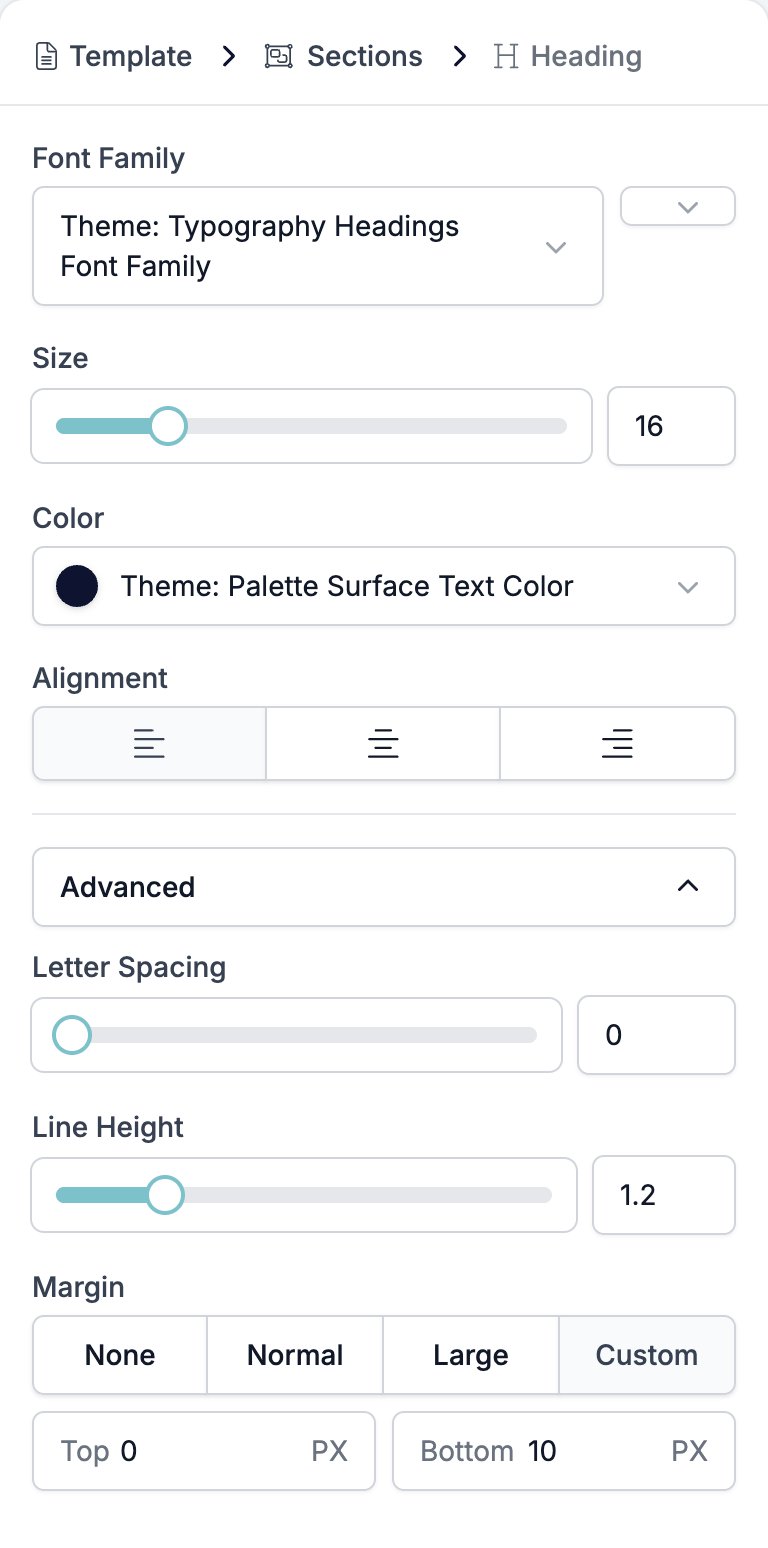 The Heading settings panel showing Font Family on the brand heading font, Size, Color, Alignment, and the Advanced group with Letter Spacing, Line Height, and Margin