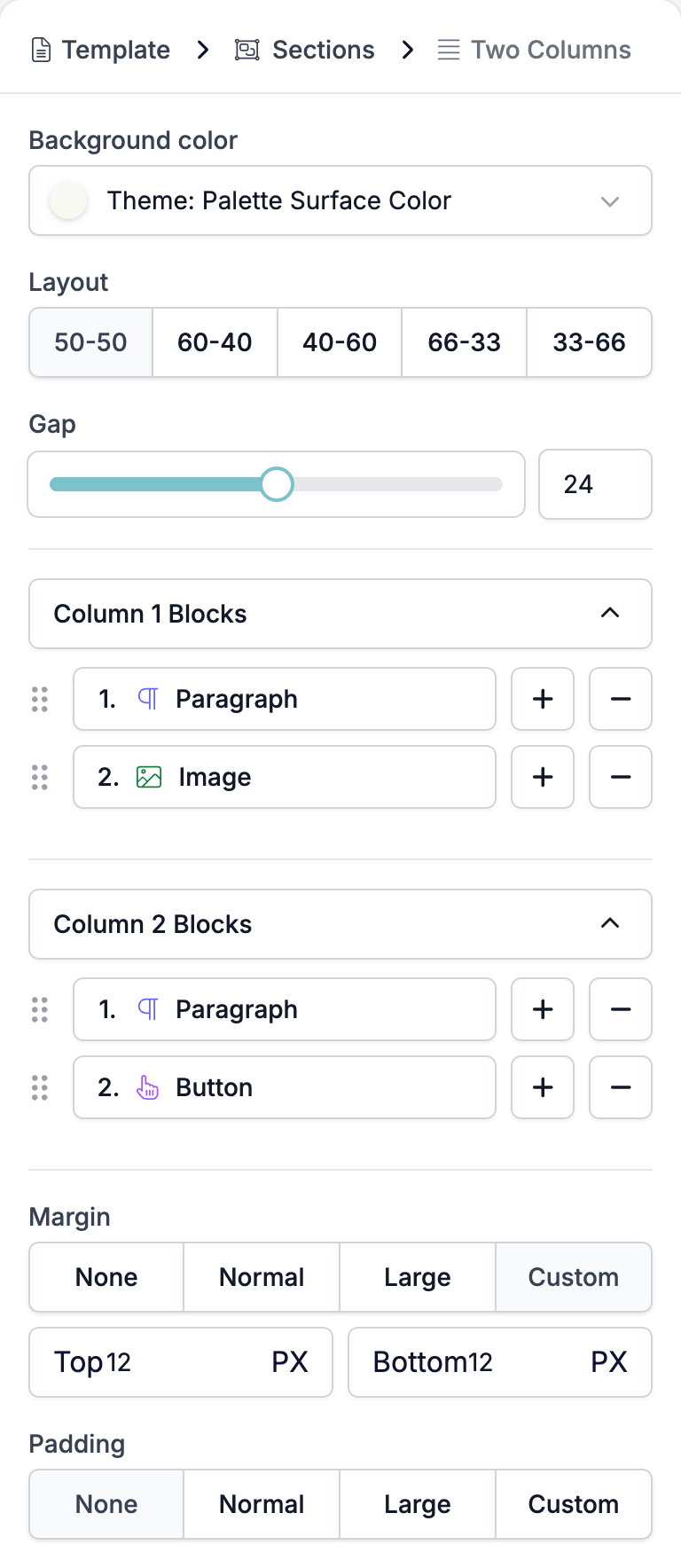 The Two Columns settings panel showing Background color, the five Layout buttons with 50-50 selected, the Gap slider at 24, the Column 1 and Column 2 block lists, Margin, and Padding
