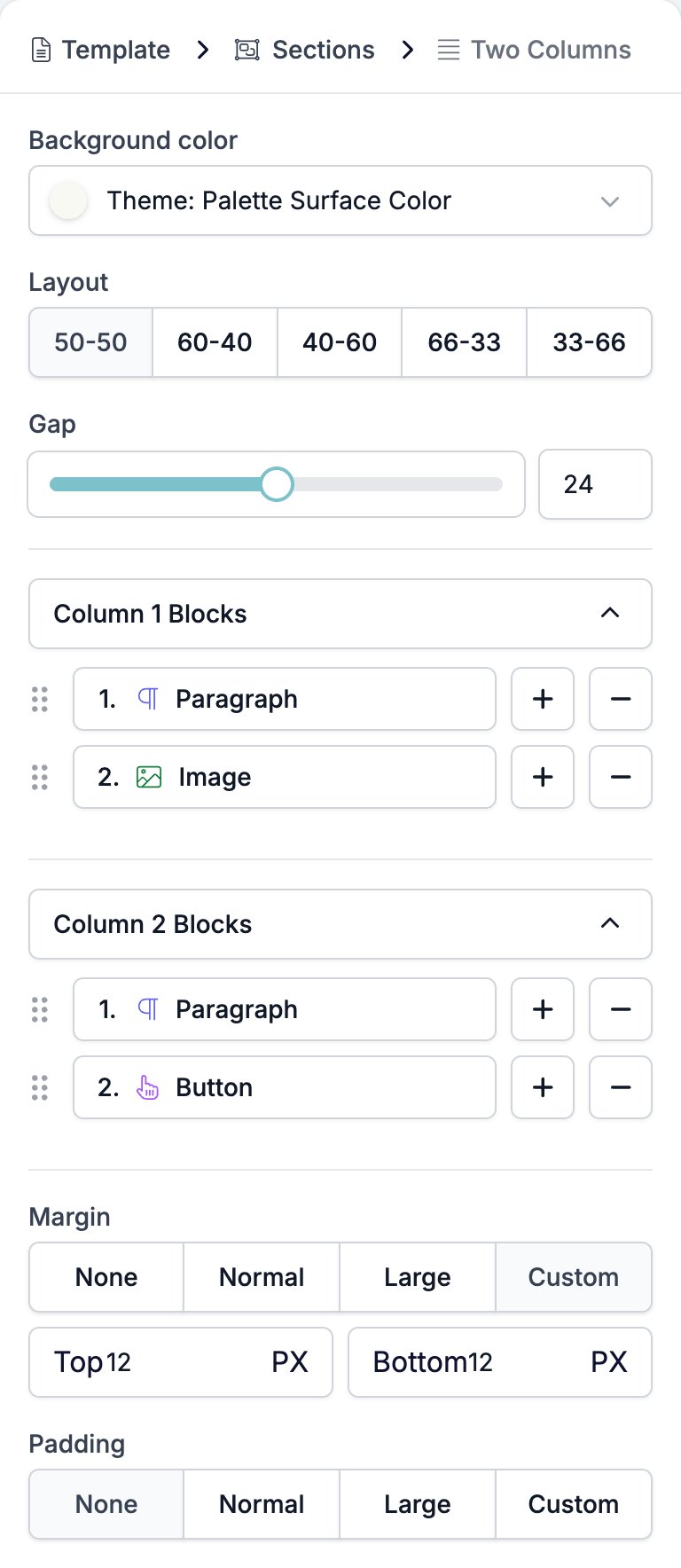 The Two Columns settings panel showing Background color, the five Layout buttons with 50-50 selected, the Gap slider at 24, the Column 1 and Column 2 block lists, Margin, and Padding