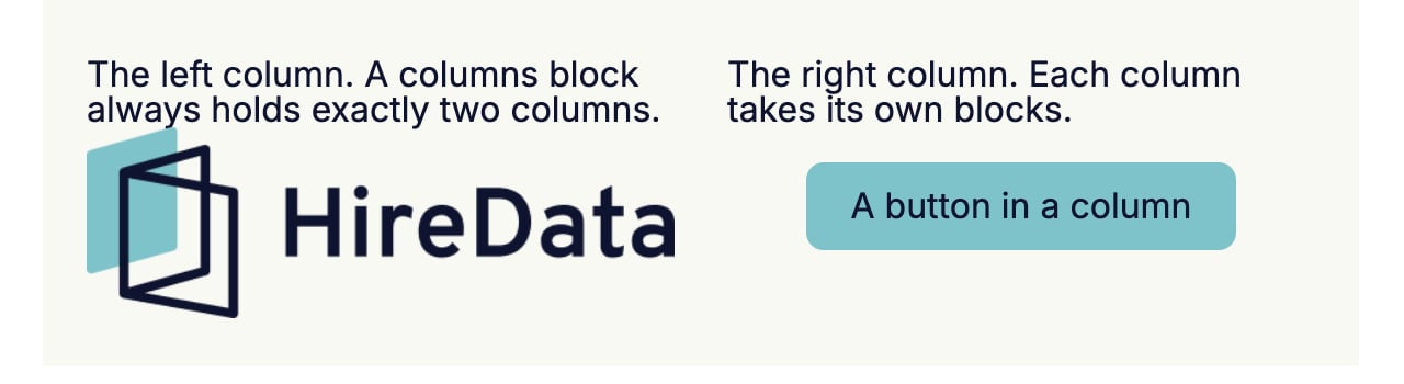 A 50-50 Two Columns block: a paragraph and a logo on the left, a paragraph and a button on the right, side by side