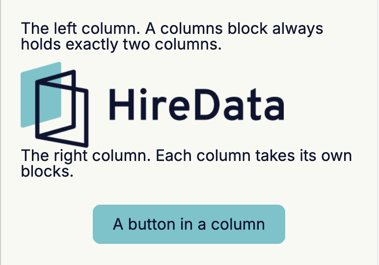 The same block rendered at 400 pixels wide, with the left column's paragraph and logo stacked above the right column's paragraph and button