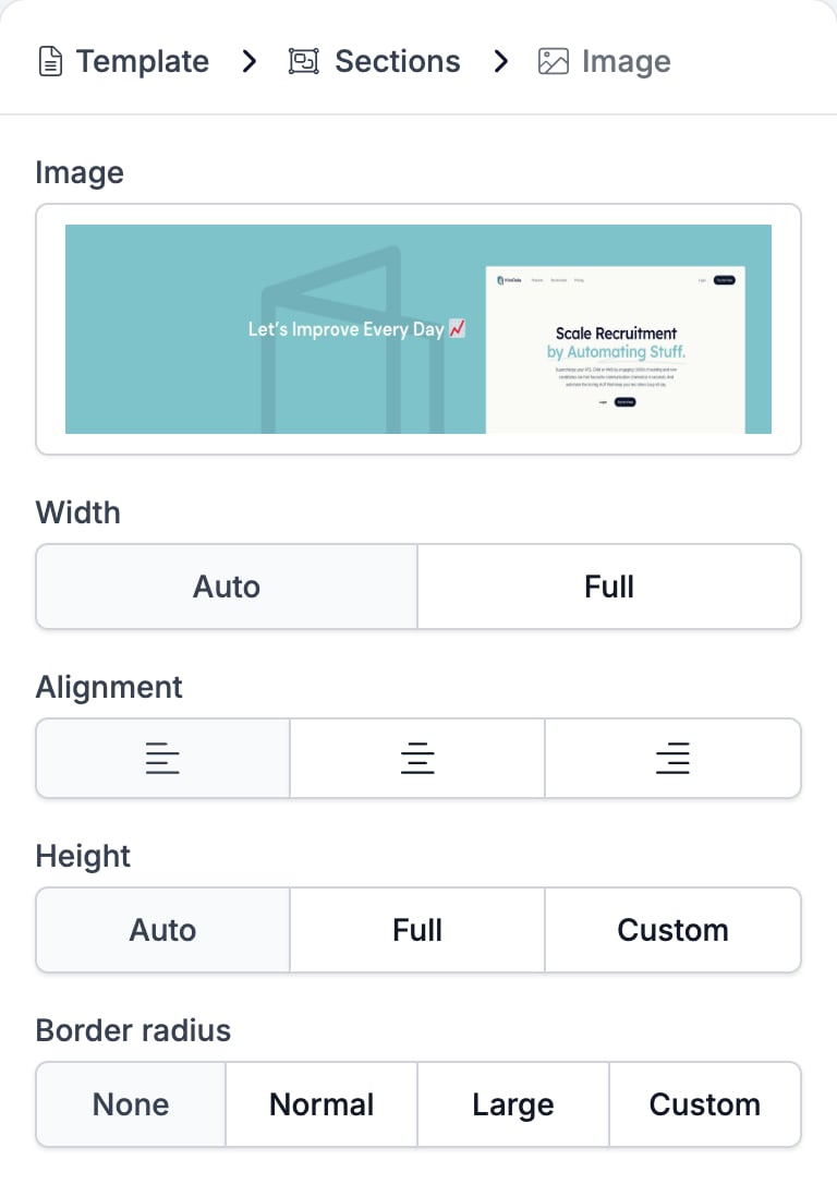 The Image settings panel showing the chosen picture, Width set to Auto, Alignment, Height set to Auto, and Border radius