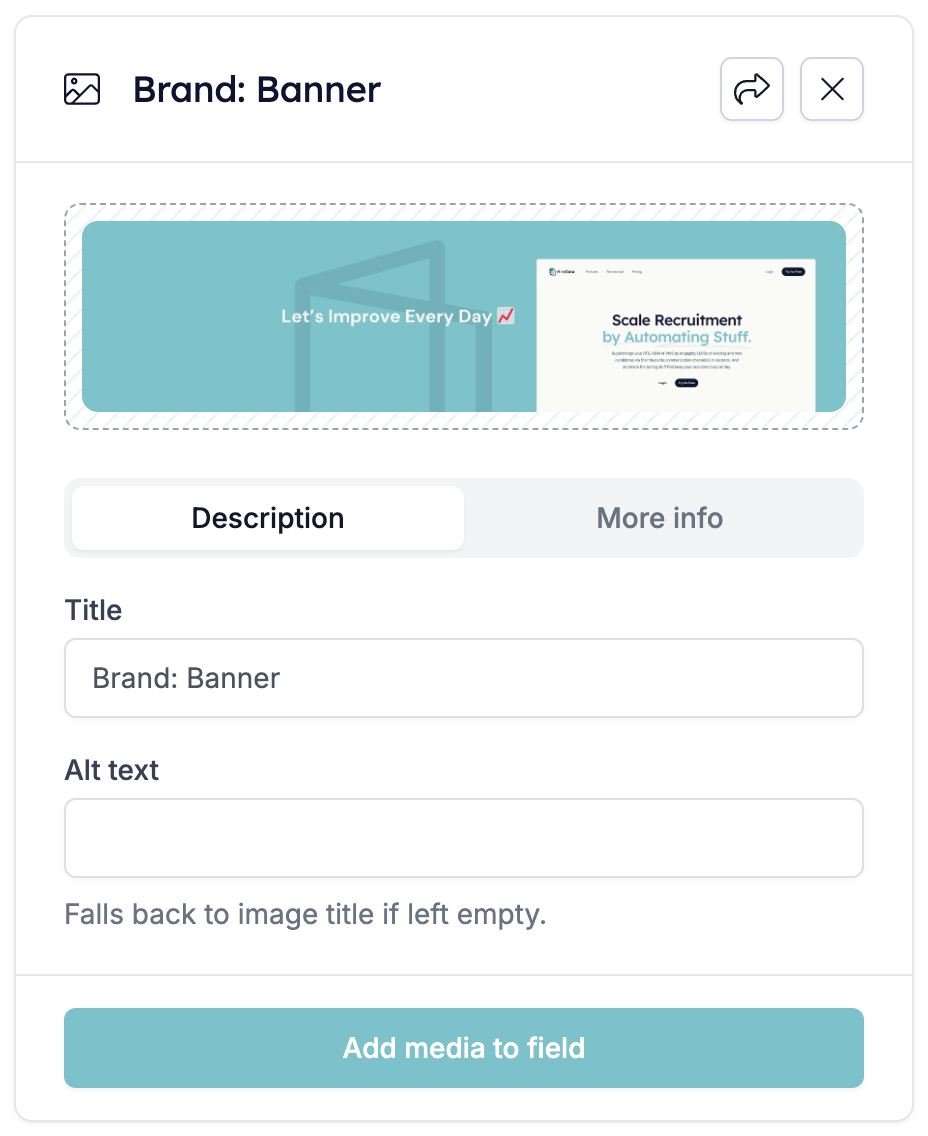 The media library card for a field-backed image, with a read-only Title reading Brand: Banner, an empty Alt text box, and a note saying it falls back to the image title if left empty
