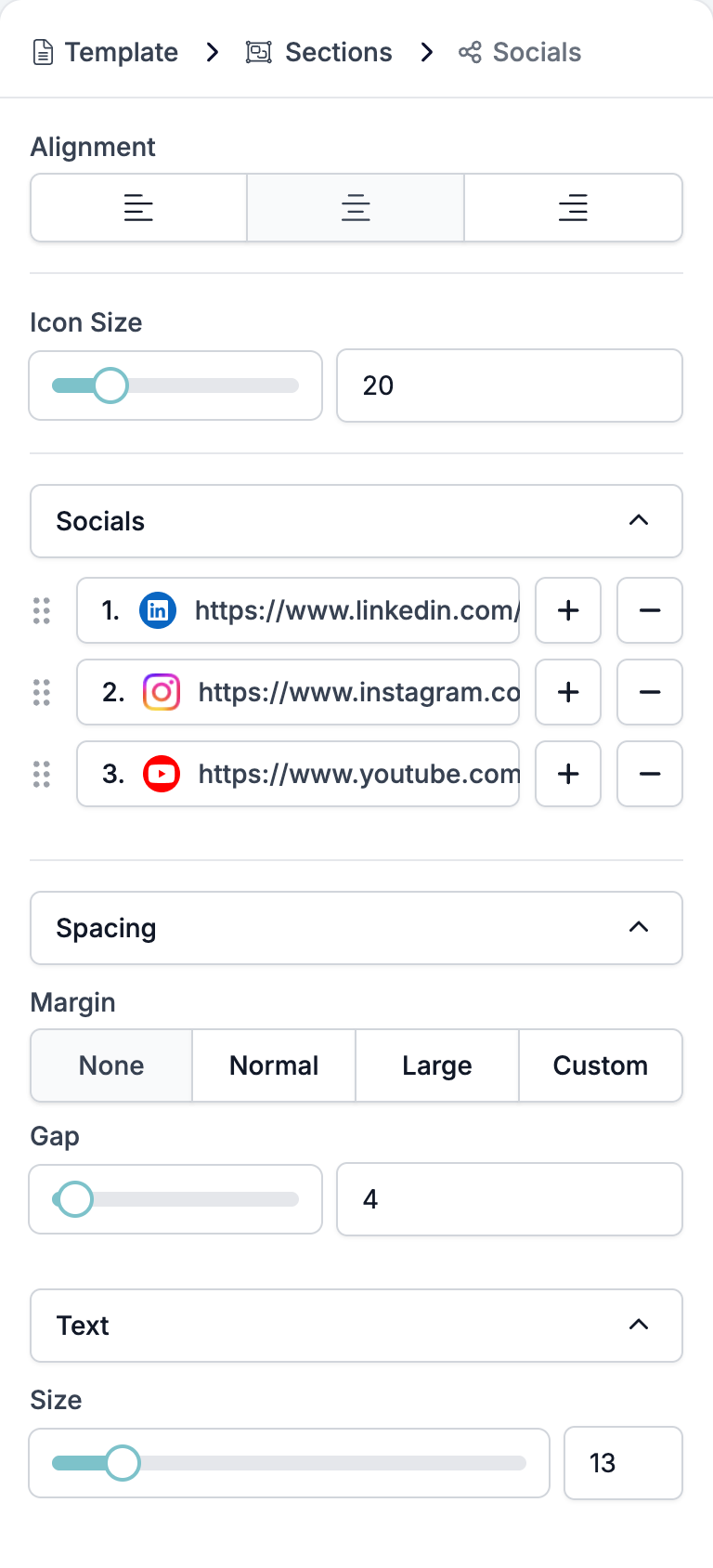 The Socials settings panel showing Alignment, Icon Size at 20, the Socials list with LinkedIn, Instagram, and YouTube rows, the Spacing group with Margin and Gap, and the Text group