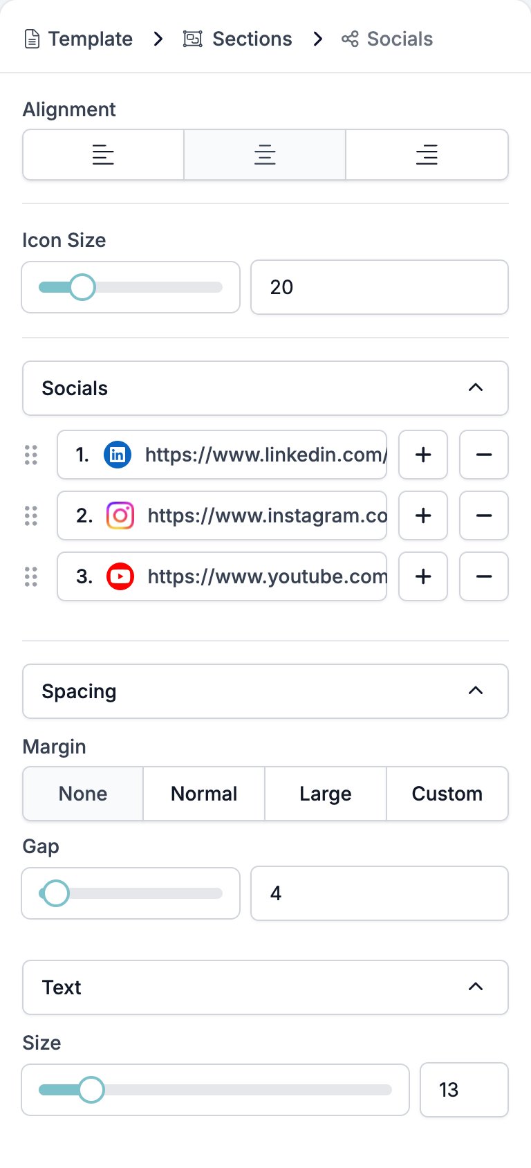The Socials settings panel showing Alignment, Icon Size at 20, the Socials list with LinkedIn, Instagram, and YouTube rows, the Spacing group with Margin and Gap, and the Text group
