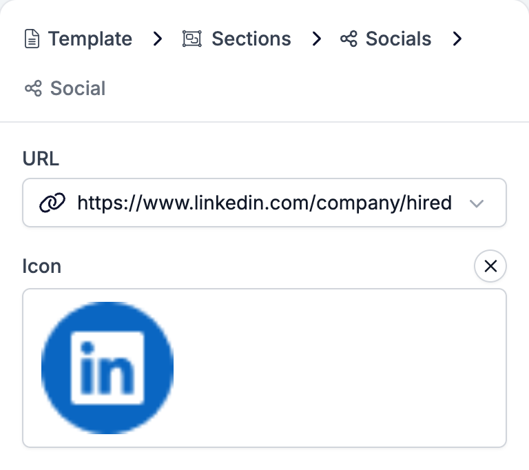 The Social settings panel showing the URL box with a LinkedIn company address and the Icon below it holding the LinkedIn mark