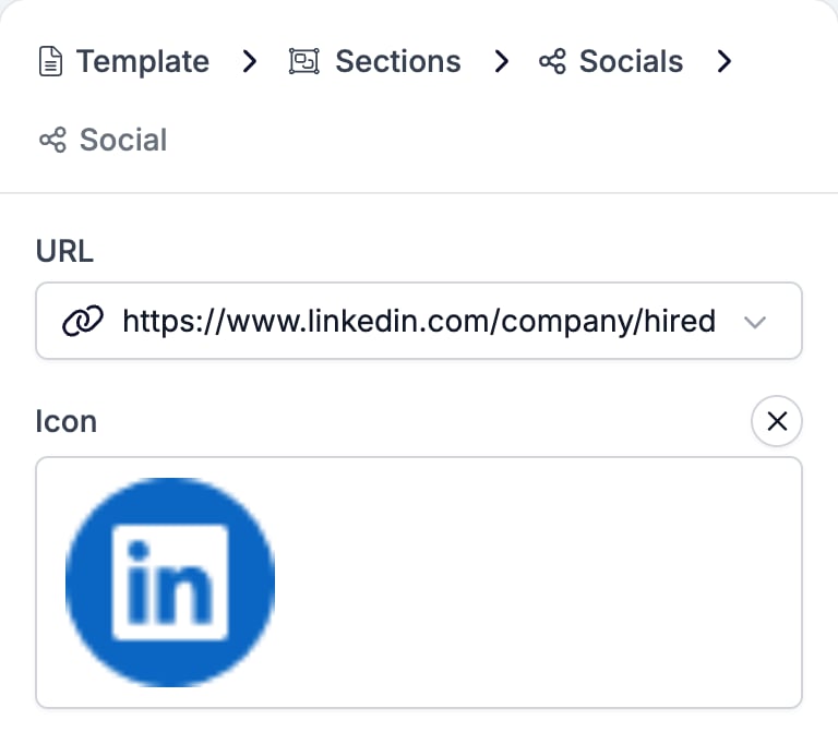 The Social settings panel showing the URL box with a LinkedIn company address and the Icon below it holding the LinkedIn mark