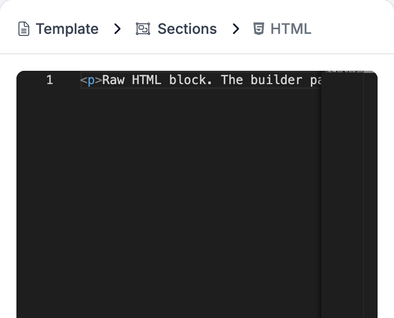 The HTML block settings panel, showing a dark code editor with line numbers holding a single paragraph tag
