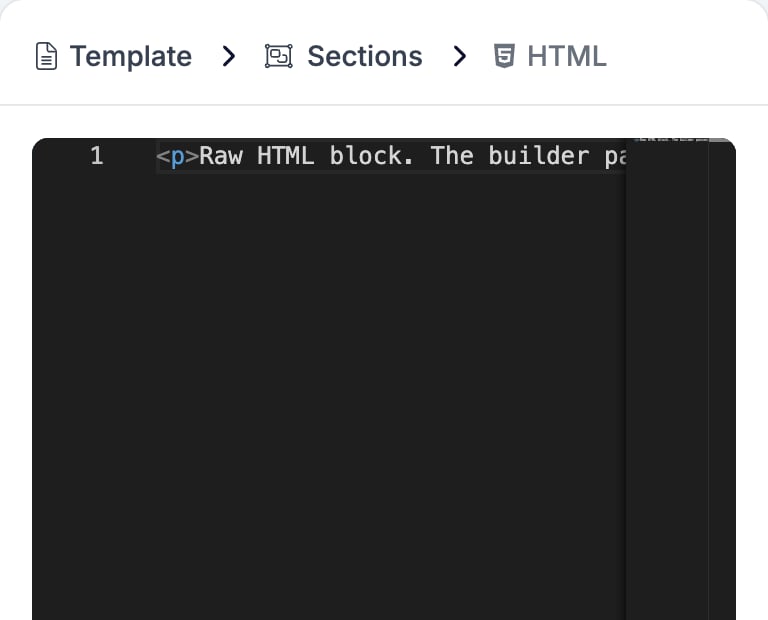 The HTML block settings panel, showing a dark code editor with line numbers holding a single paragraph tag