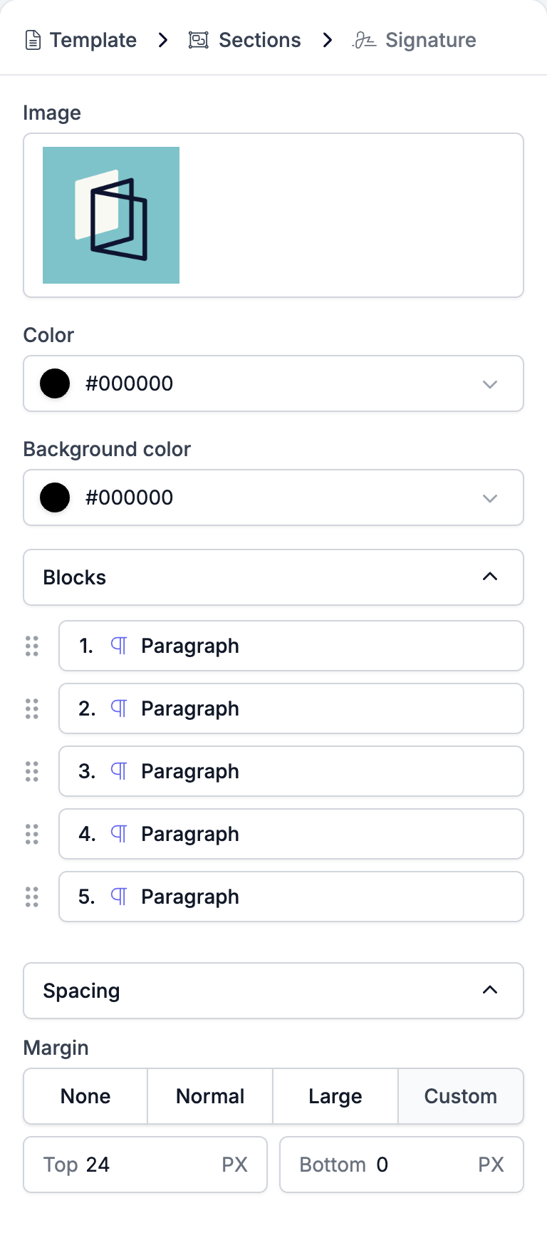 The Signature settings panel showing the Image with a brand mark, Color, Background color, the Blocks list of five paragraphs with drag handles only, and the Spacing group holding Margin