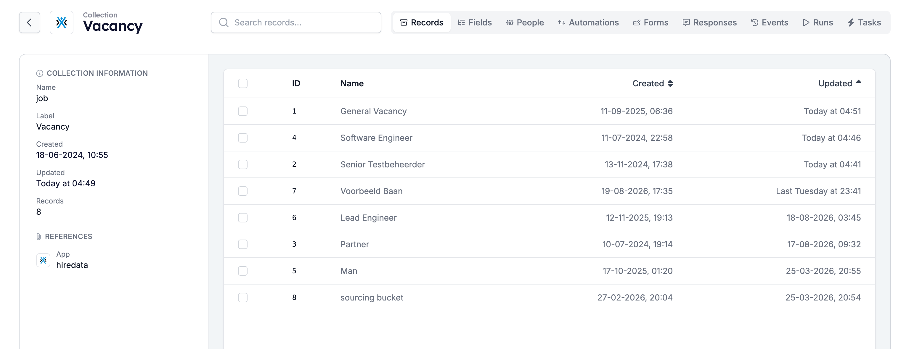 The Vacancy collection with its Records, Fields, People, Automations, Forms, Responses, Events, Runs, and Tasks tabs
