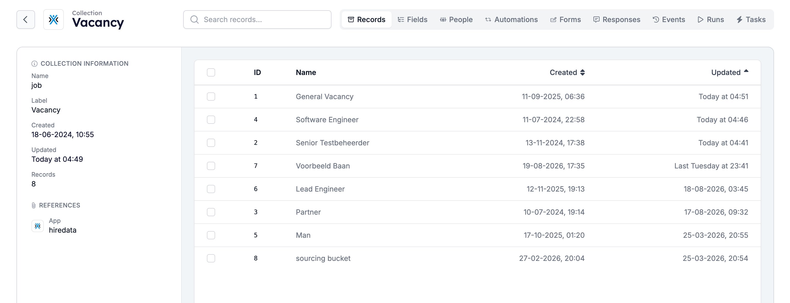 The Vacancy collection with its Records, Fields, People, Automations, Forms, Responses, Events, Runs, and Tasks tabs