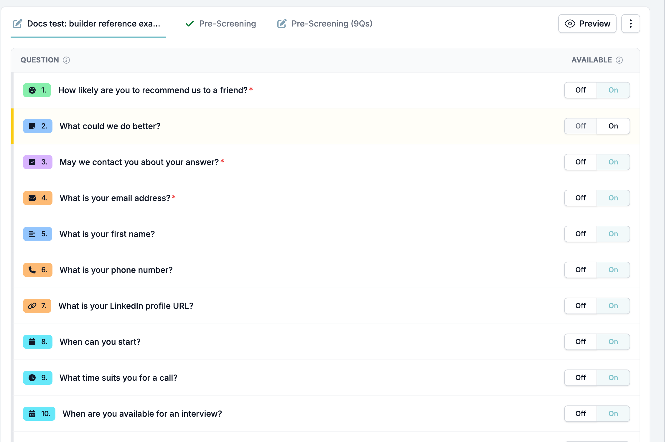 The Forms tab of a vacancy record, listing every question with an Off and On control and one question switched off