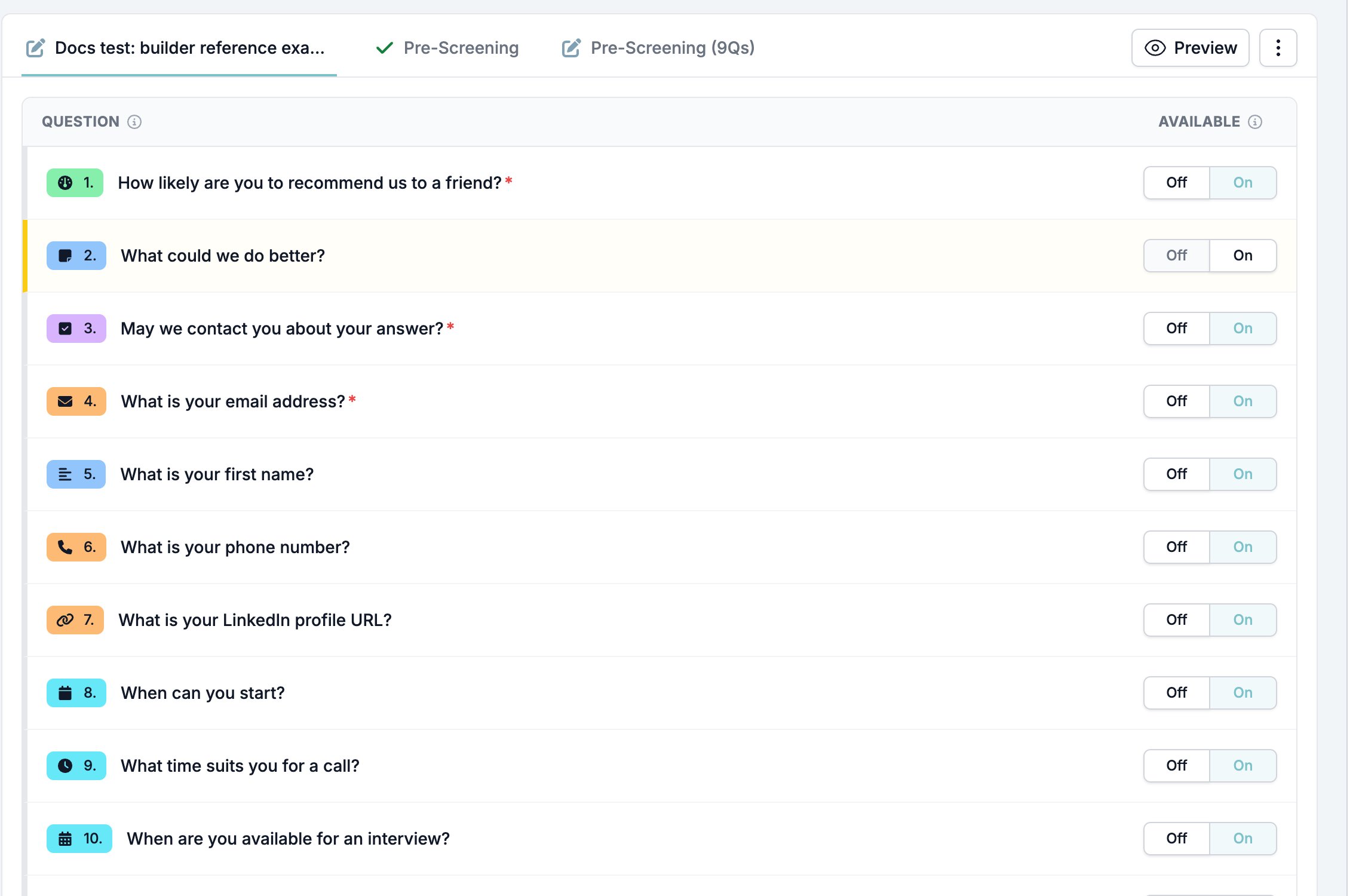 The Forms tab of a vacancy record, listing every question with an Off and On control and one question switched off