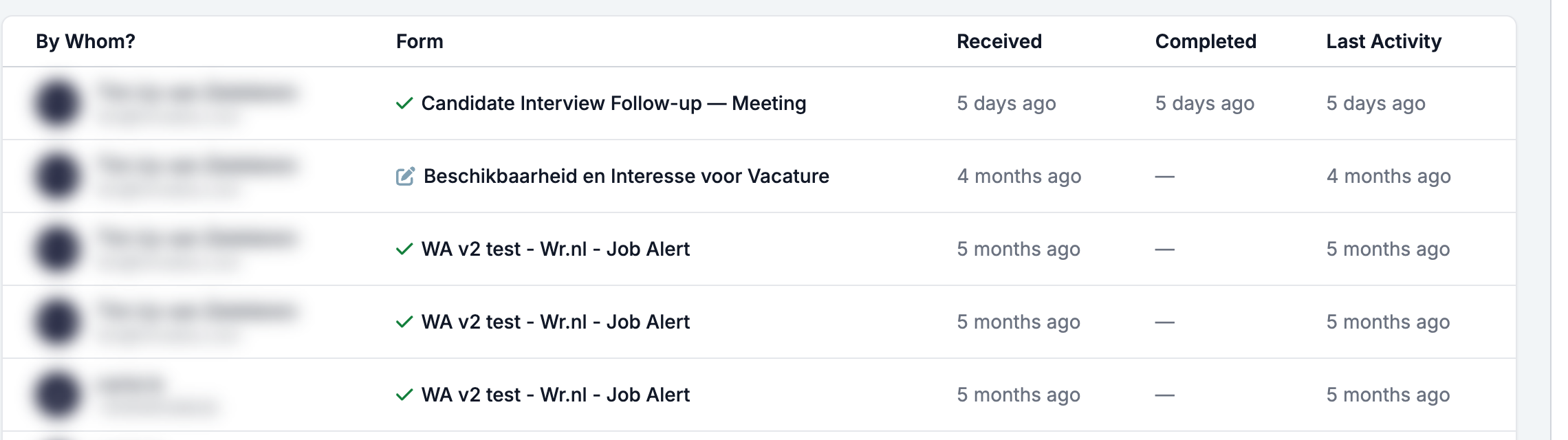 The Responses tab of a vacancy record, with the form, when it was received, when it was completed, and the last activity