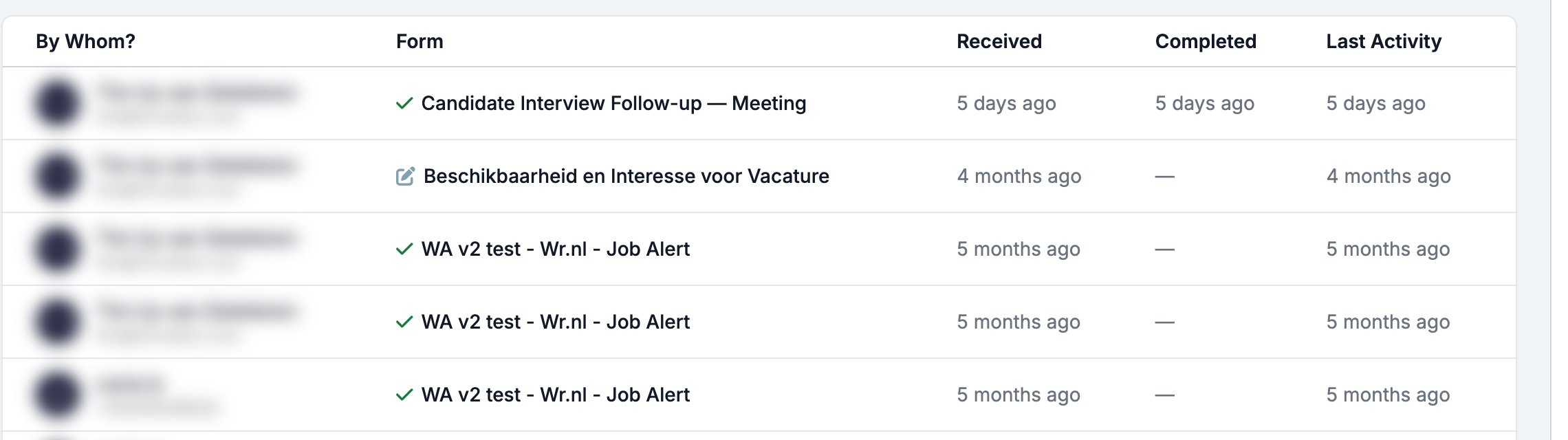 The Responses tab of a vacancy record, with the form, when it was received, when it was completed, and the last activity