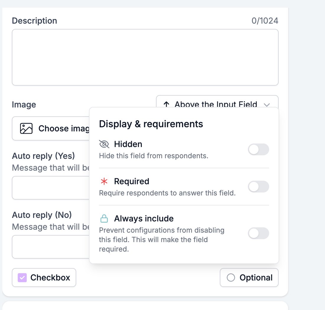 The Display & requirements popup on a field card, with the Hidden, Required, and Always include switches