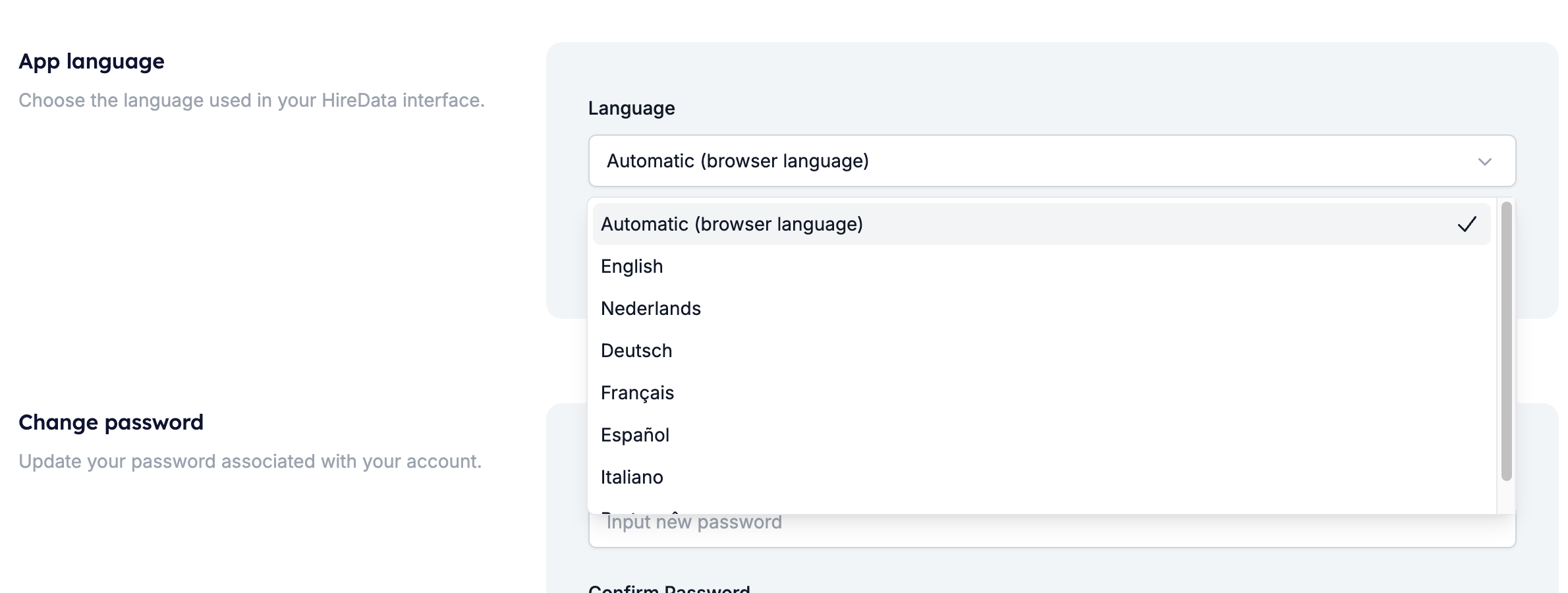 The App language section on the Profile page with the language list open