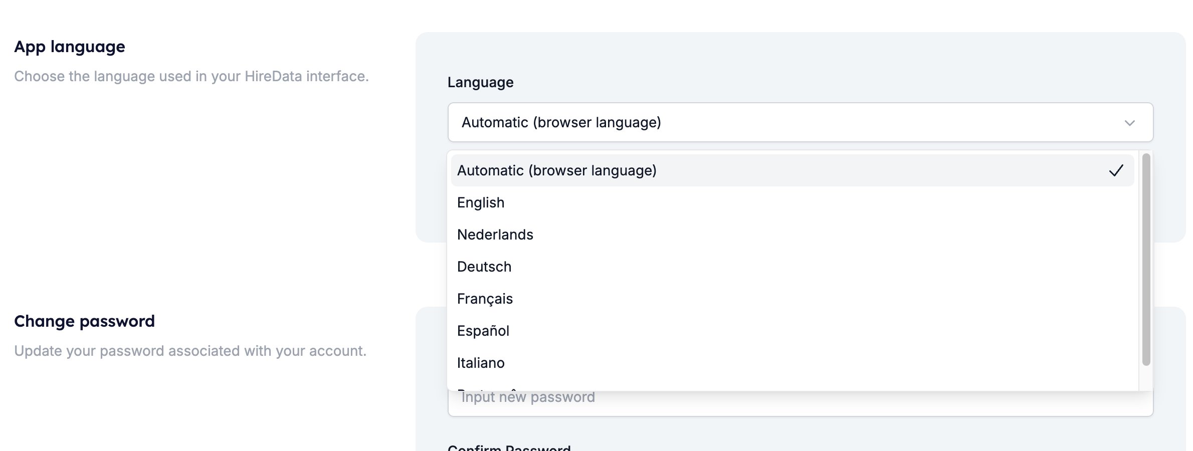 The App language section on the Profile page with the language list open