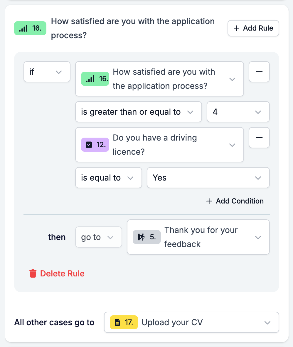 A rule with two conditions: the satisfaction rating is 4 or more and the driving licence answer is Yes, then go to the ending